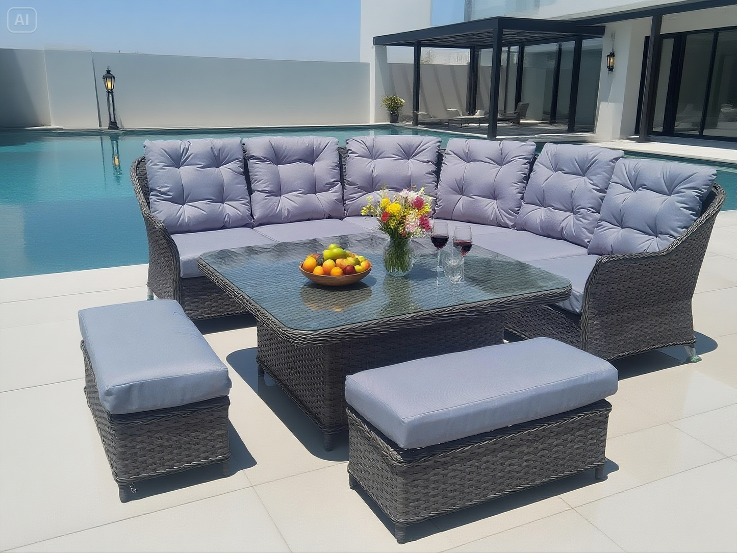 Dark Grey Wicker L - Shaped Outdoor Dining & Lounge Set with Glass Dining Table & Ottomans – Stylish Patio Furniture