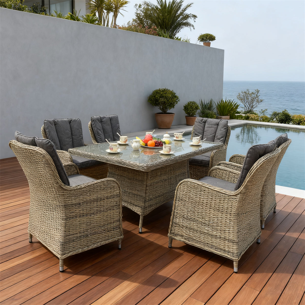 TBDS251801 Light Beige Wicker Coastal Luxury Outdoor Dining Set with Dark Grey Cushions & Stone-Look Glass Rectangular Table – Stylish Patio Furniture