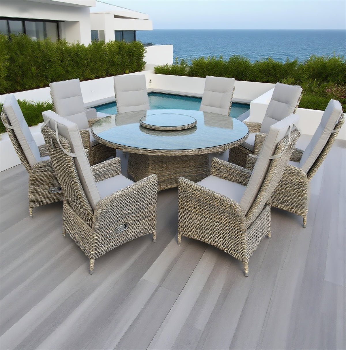 Light Grey Wicker 8 - Piece Outdoor Dining Set with Round Glass Table & Lazy Susan – Stylish Patio Furniture