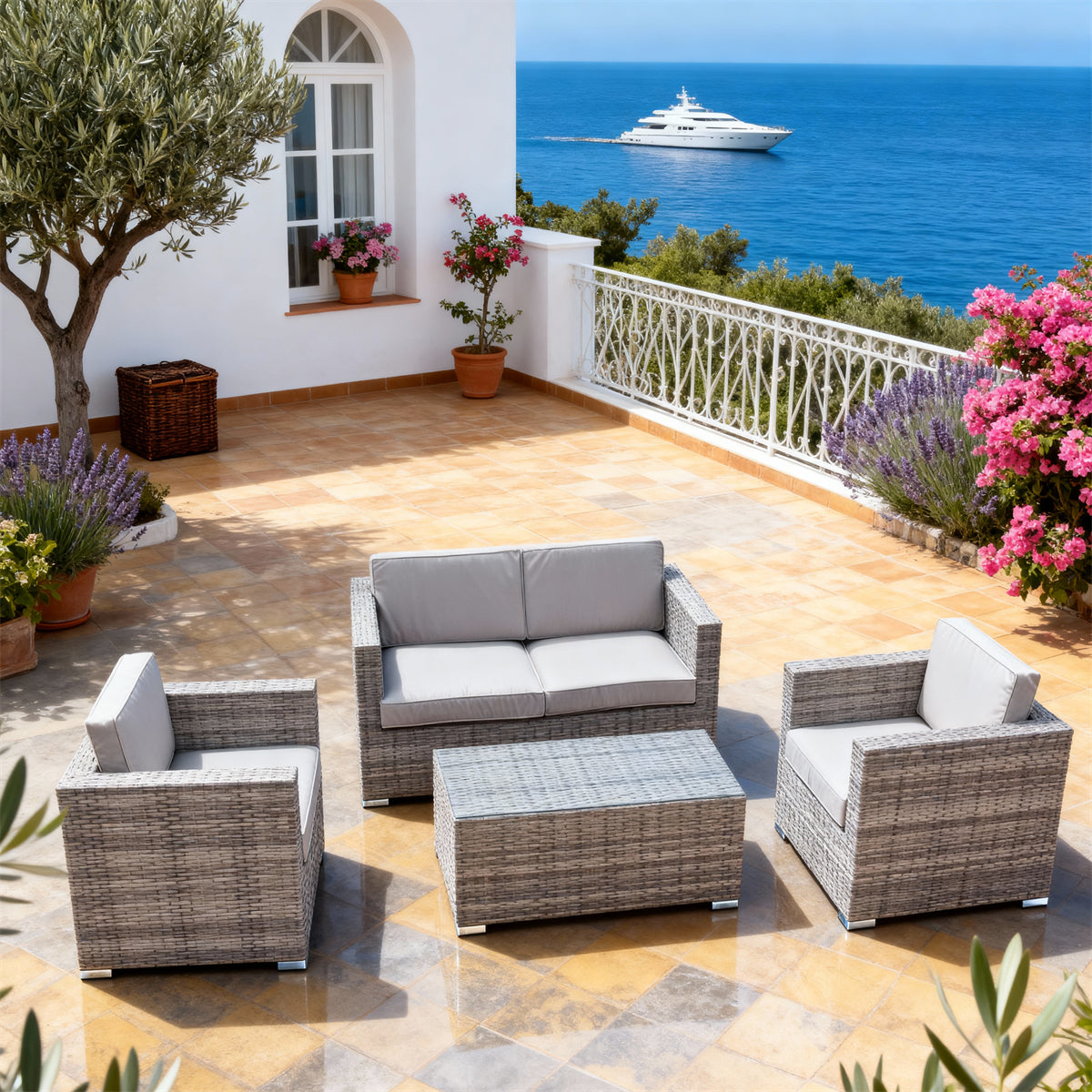 SFTZ261303 Light Grey Wicker Outdoor Lounge Set with Light Grey Cushions – Amalfi Coast Villa Patio 4-Piece Luxury Outdoor Social Furniture Set