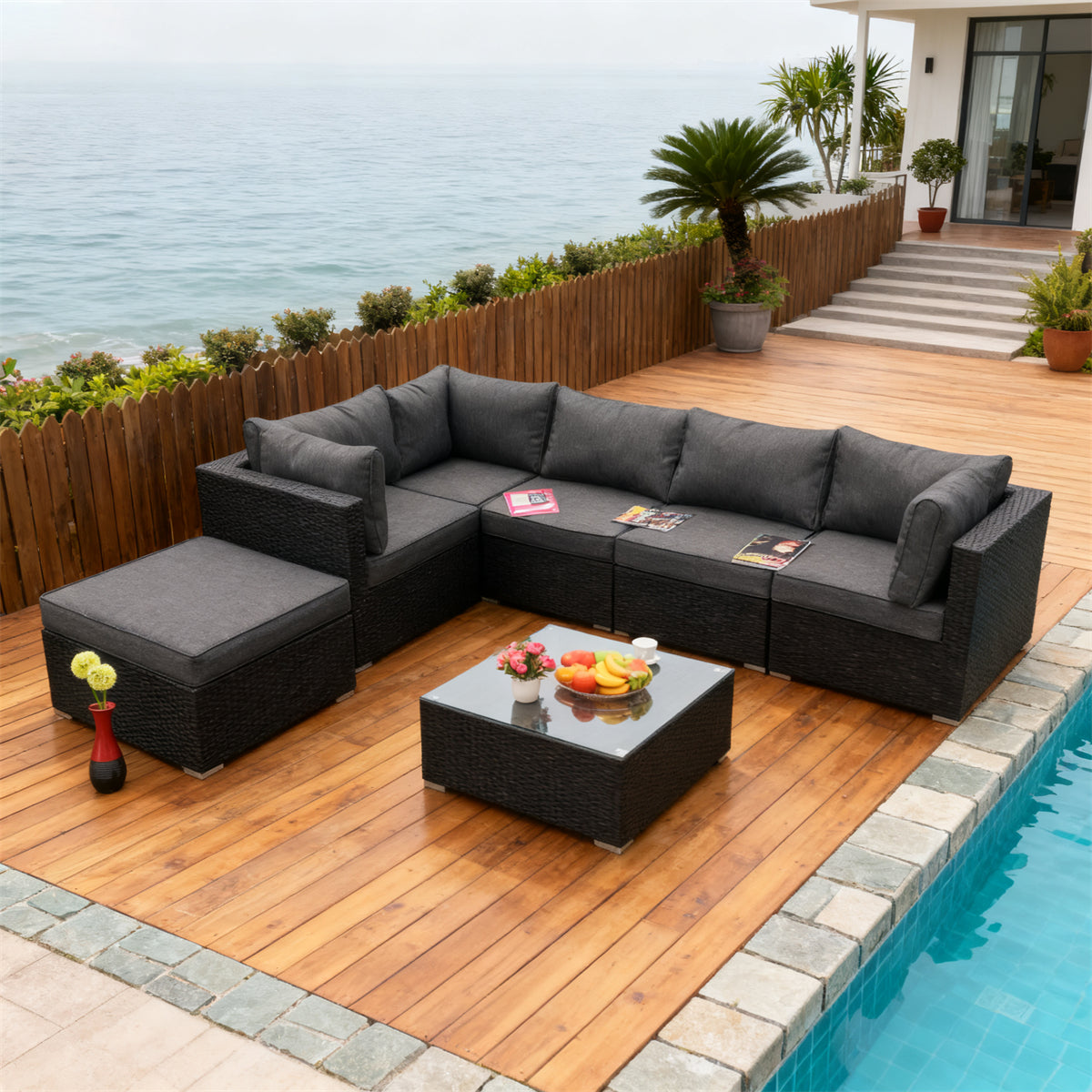 Dark Brown Wicker L - Shaped Outdoor Sectional Set with Dark Grey Cushions, Glass Coffee Table & Ottoman – Stylish Patio Furniture