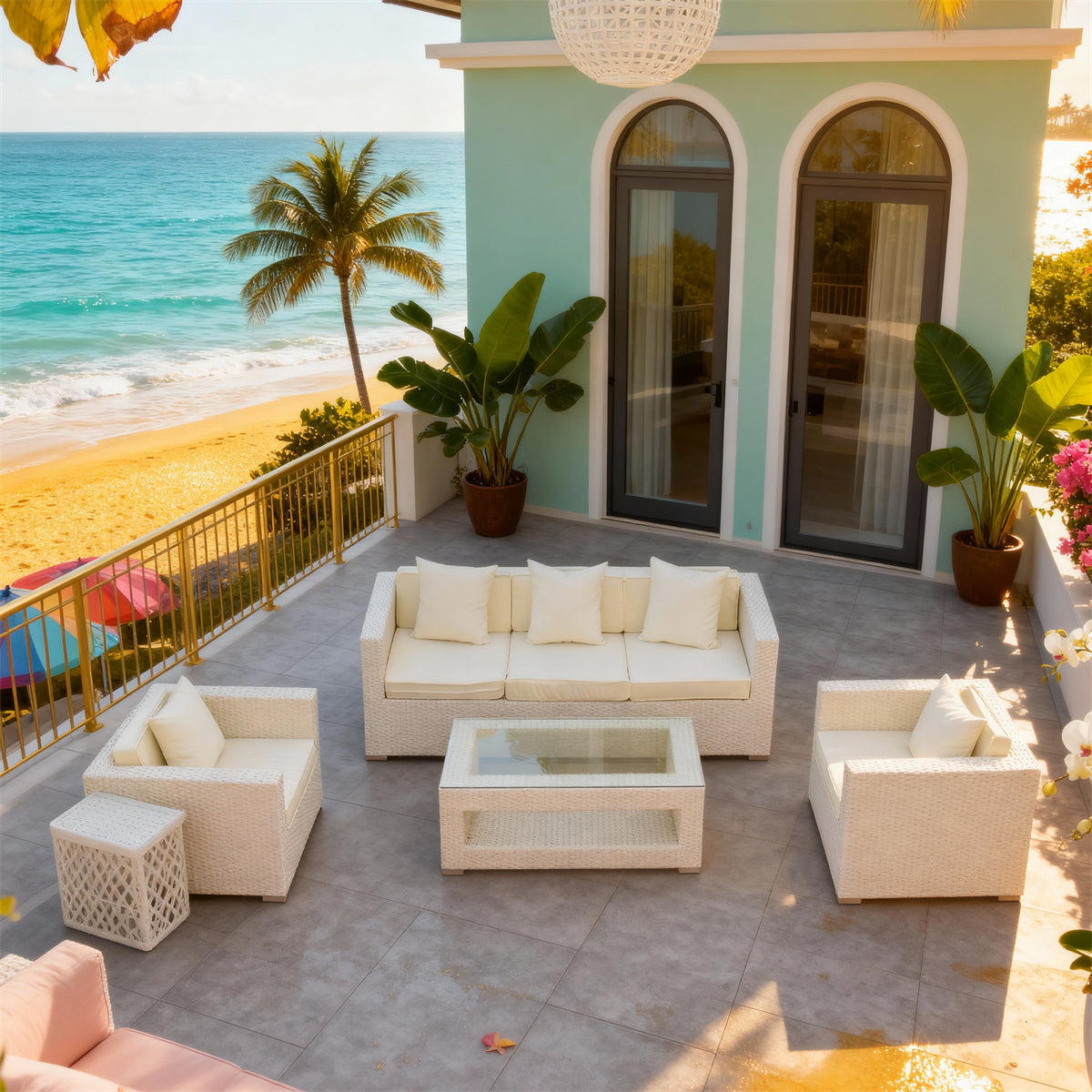 SFTZ261202 White Wicker Outdoor Lounge Set with Cream Cushions – Caribbean Beachfront Resort Villa Patio Luxury Social Furniture Set