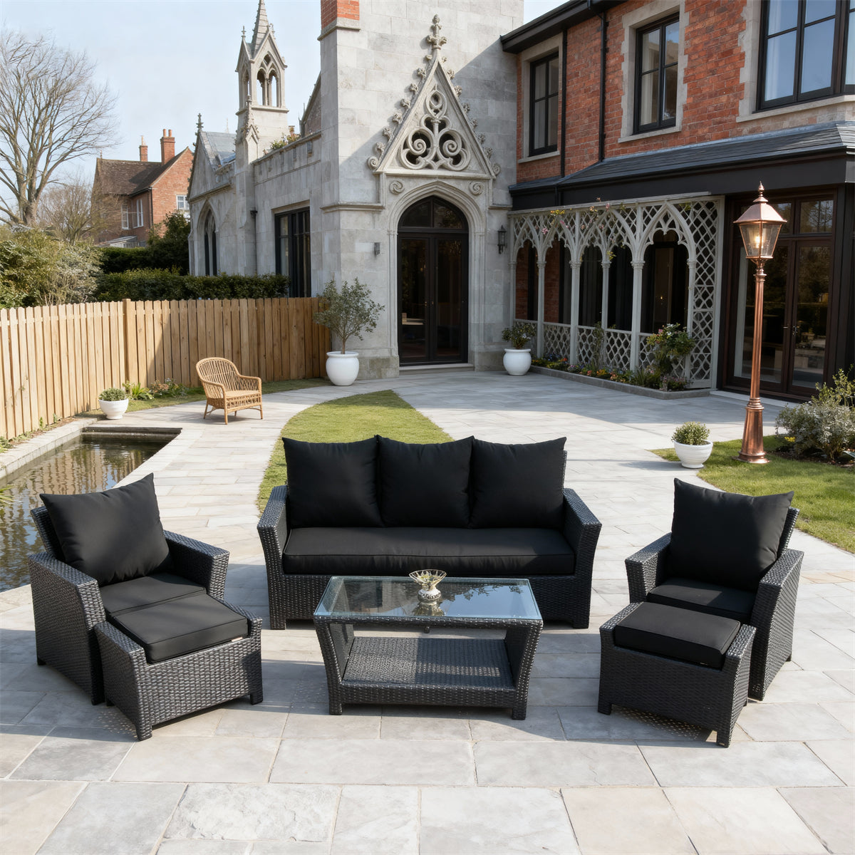 Dark Grey Wicker Outdoor Lounge Set with Black Cushions & Glass Coffee Table – Stylish Patio Furniture