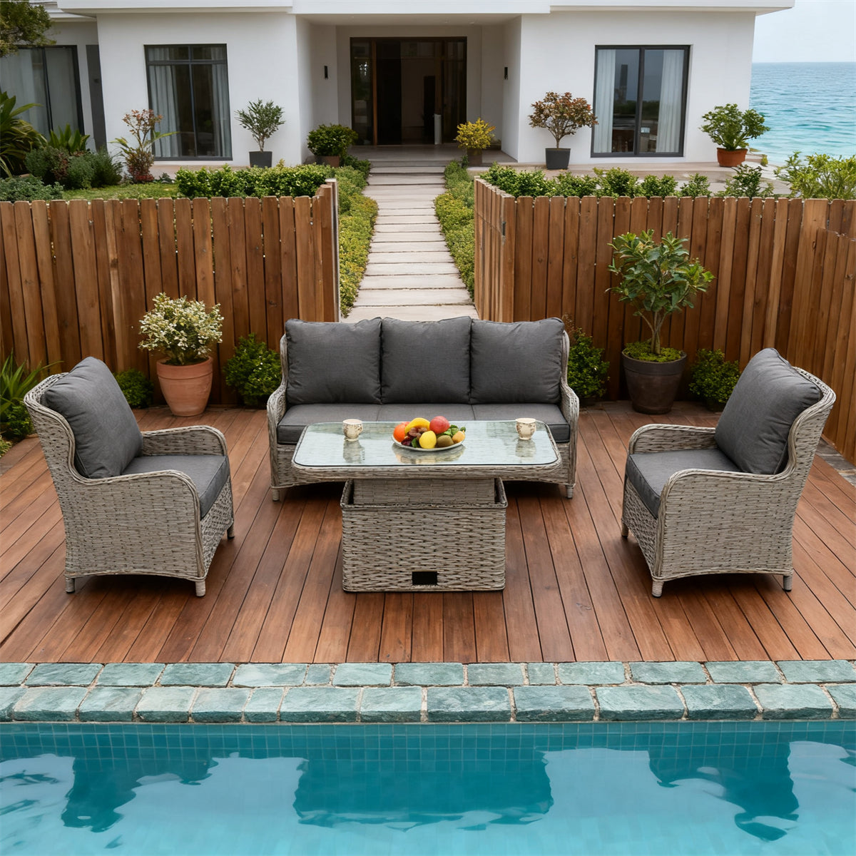 Grey Wicker Outdoor Lounge Set with Glass Coffee Table & Storage – Stylish Patio Furniture