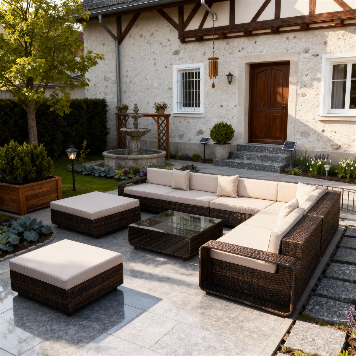 Dark Brown Wicker L - Shaped Outdoor Lounge Set with Beige Cushions, Glass Coffee Table & Ottomans – Luxury Patio Furniture