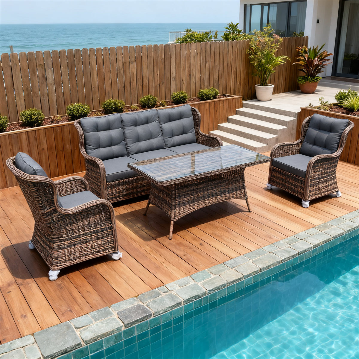 Brown Wicker Outdoor Lounge Set with Glass Coffee Table – Stylish Patio Furniture