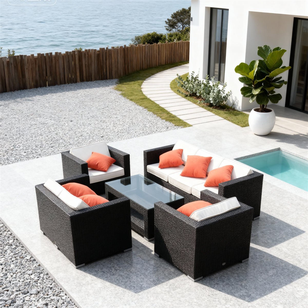 SFTZ261205 Black Wicker Outdoor Lounge Set with White & Orange Cushions – Modern Coastal Pool Villa Patio Vibrant Luxury Outdoor Social Furniture Set