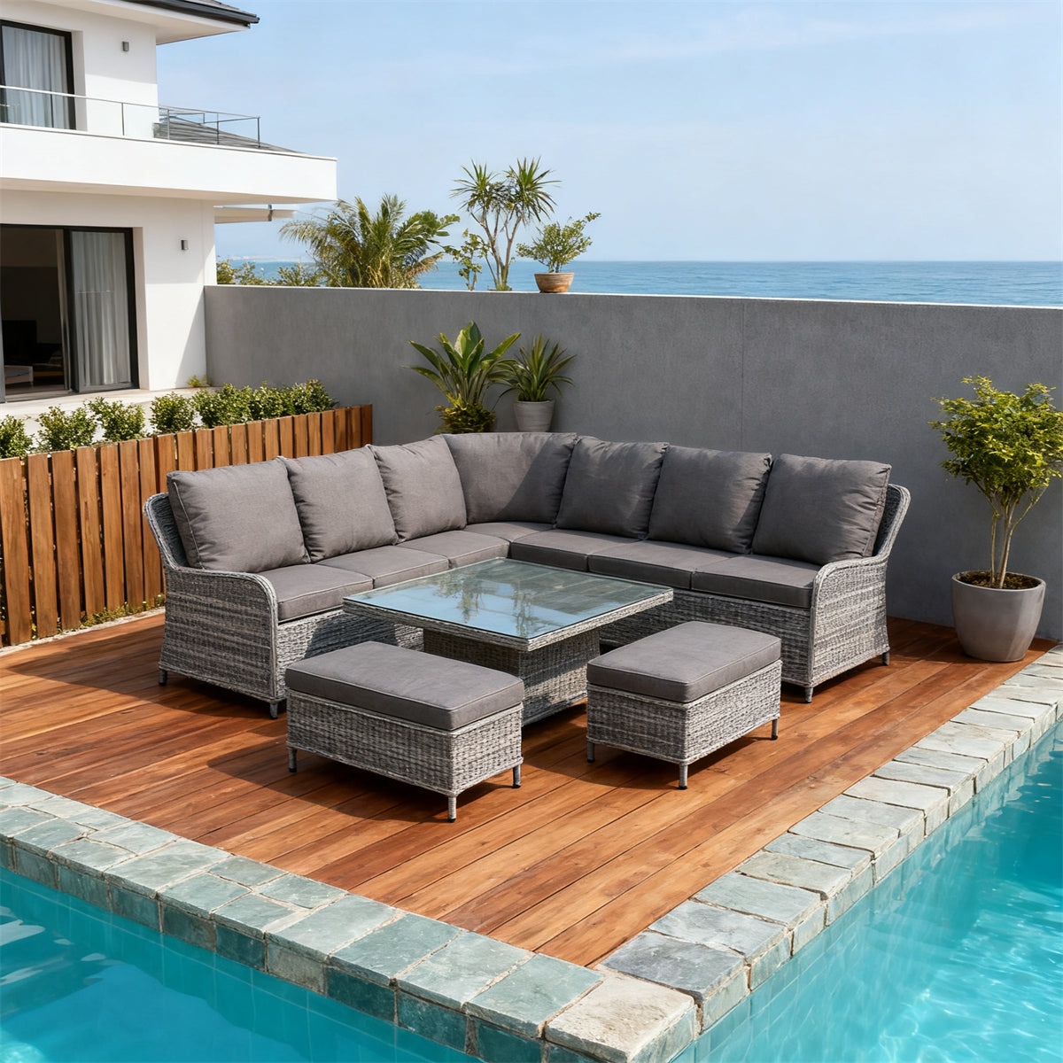Grey Wicker L - Shaped Outdoor Sectional Set with Glass Coffee Table & Ottomans – Stylish Patio Furniture