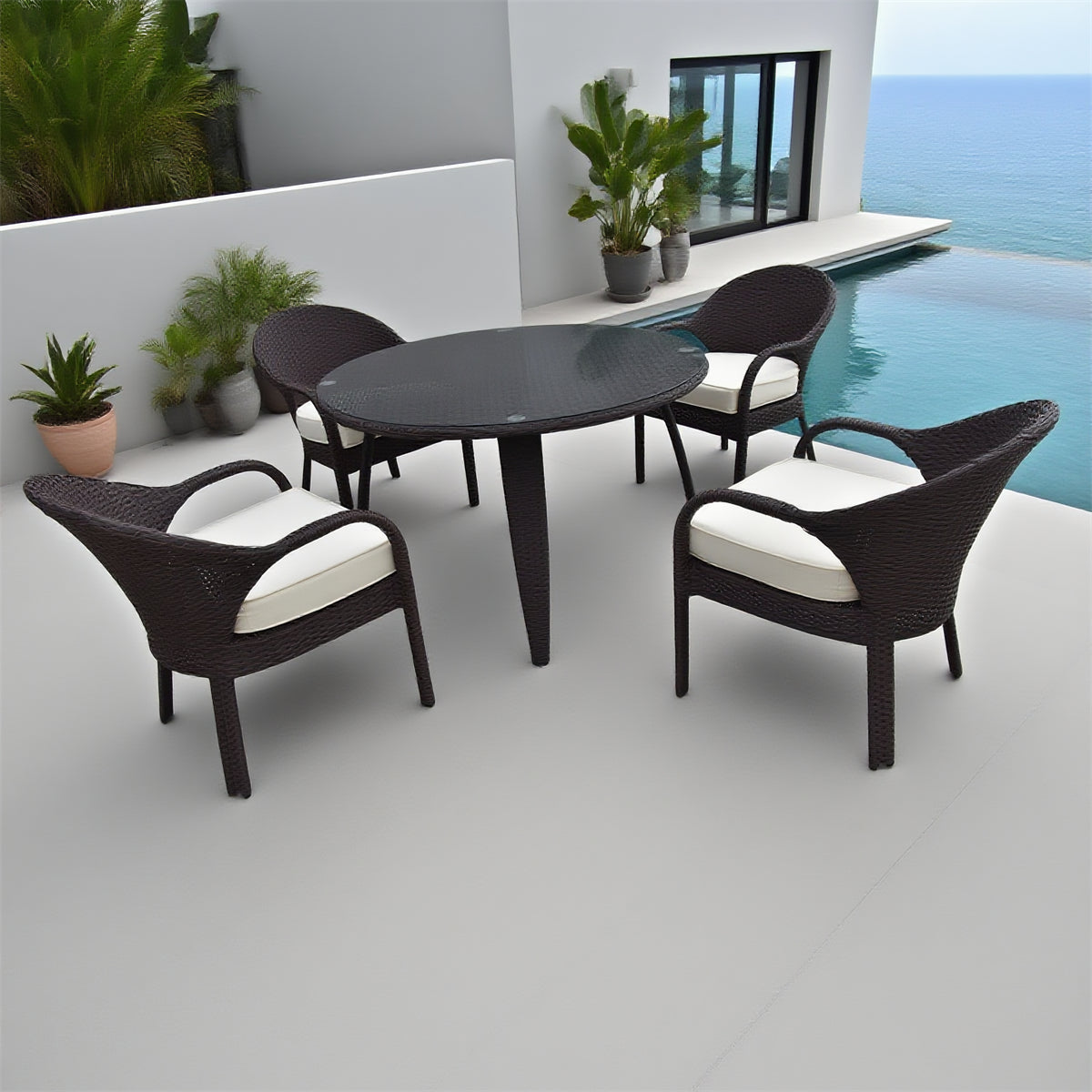 TBDS2516 Dark Brown Wicker Modern Luxury Outdoor Dining Set with Cream Cushions & Black Glass Round Dining Table – Stylish Patio Furniture