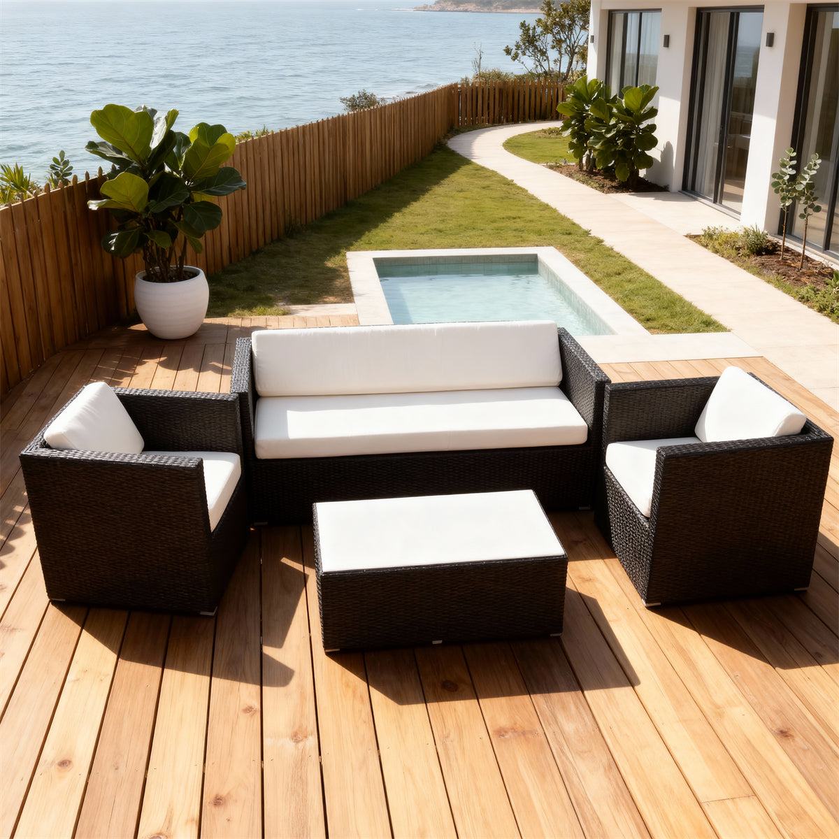 SFTZ261204 Black Wicker Outdoor Lounge Set with White Cushions – Modern Coastal Pool Villa Patio Luxury Social Furniture Set