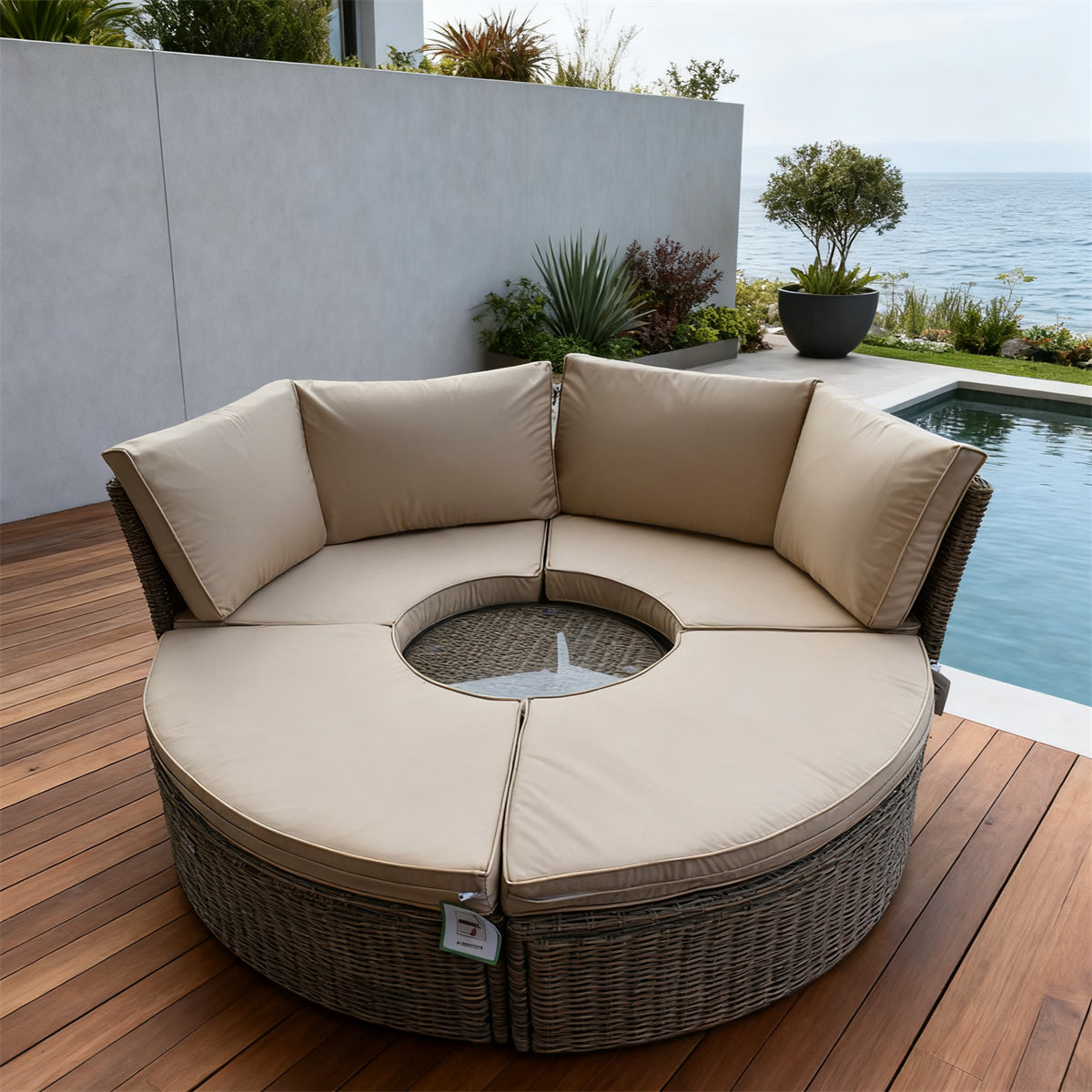 Grey Wicker Round Outdoor Lounge Sofa with Central Glass Table – Stylish Patio Furniture
