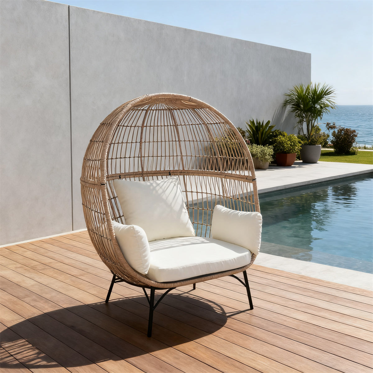 Rattan Egg - Shaped Outdoor Lounge Chair with Cushions – Stylish Patio Furniture
