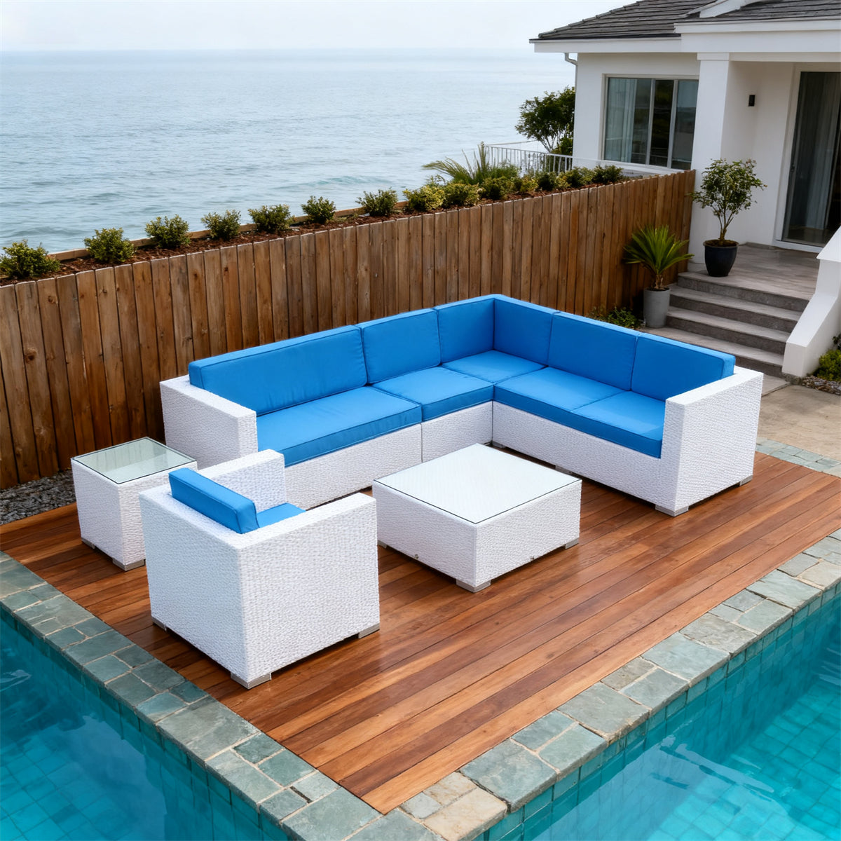 Dark Brown Wicker L - Shaped Outdoor Sectional Set with Red & Black Cushions, Glass Coffee Table & Side Table – Stylish Patio Furniture