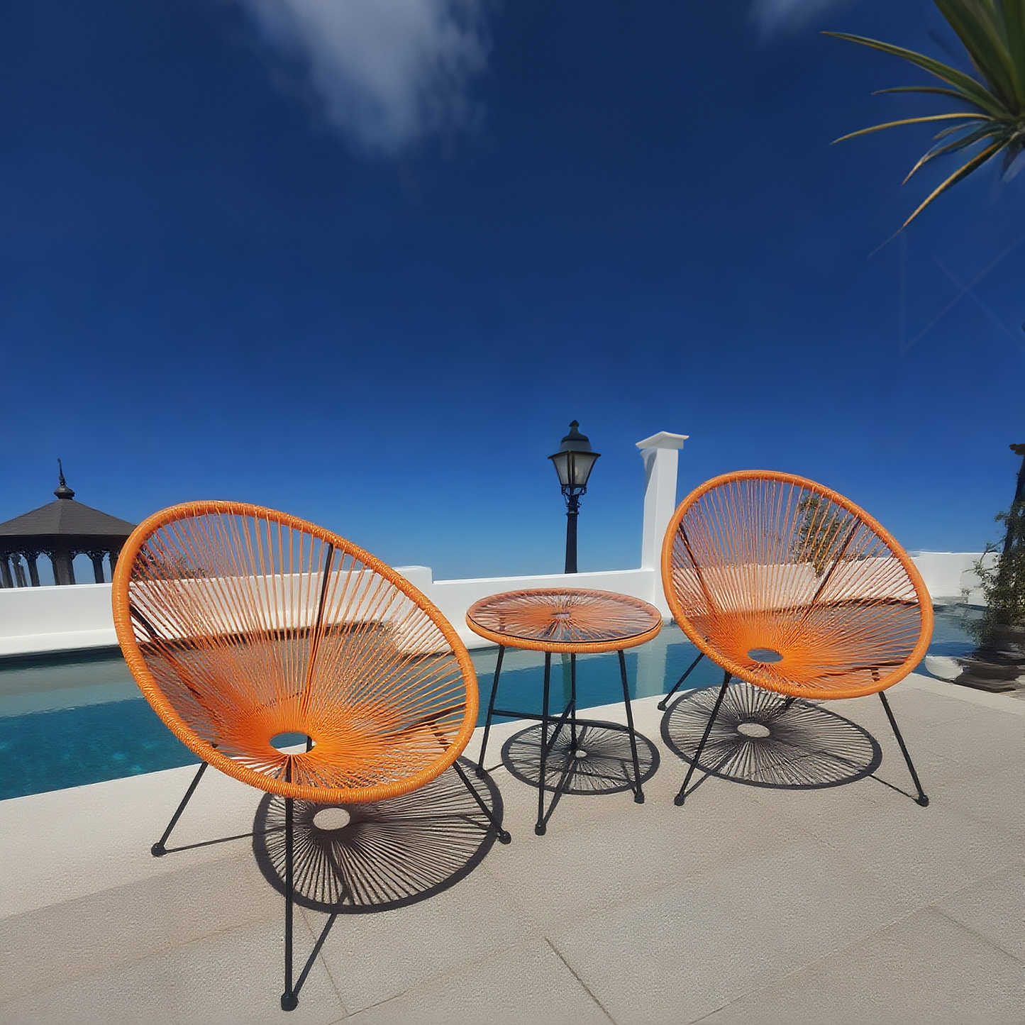 BST250202 Vibrant Orange Woven Rope & Black Metal Frame French Manor Poolside 2-Piece Outdoor Bistro Set – Matching Weave Round Table