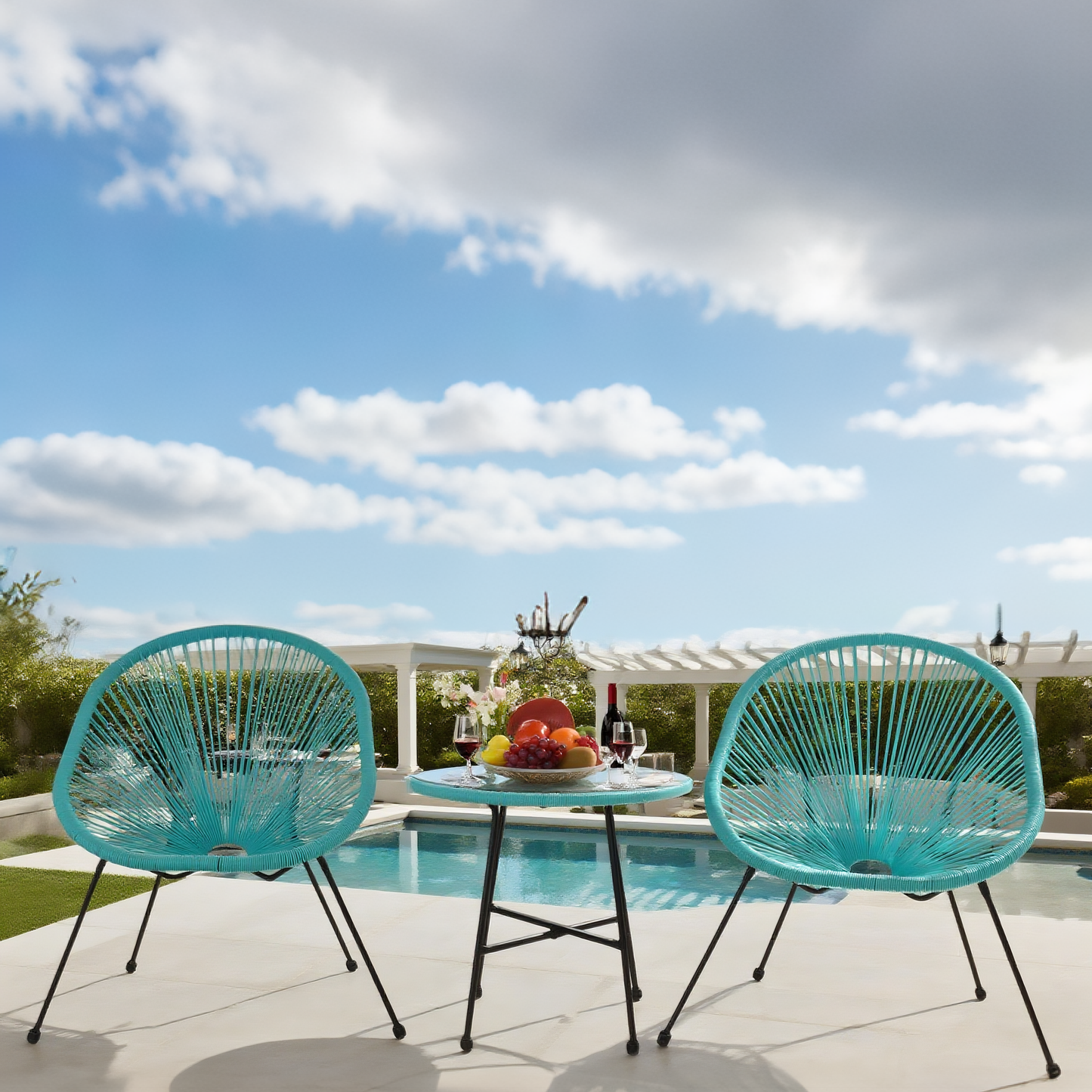 BST2504 Lime Blue Radial Weave & Black Metal Frame Santorini-Style Pool Patio 2-Piece Outdoor Bistro Set – Matching Blue Glass Oval Table