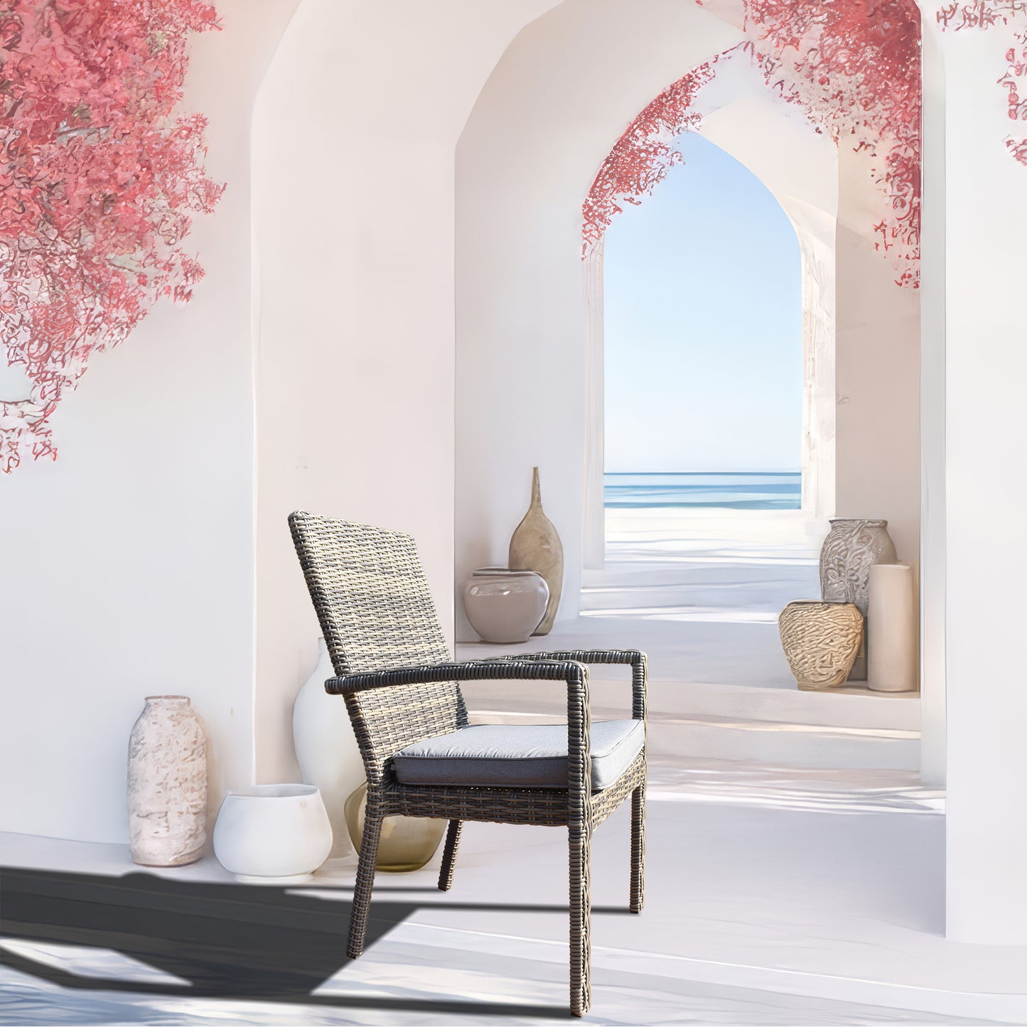 DTY2501 Light Grey Wicker Outdoor Armchair with Cushion – Modern Patio Weather-Resistant Lounge Chair