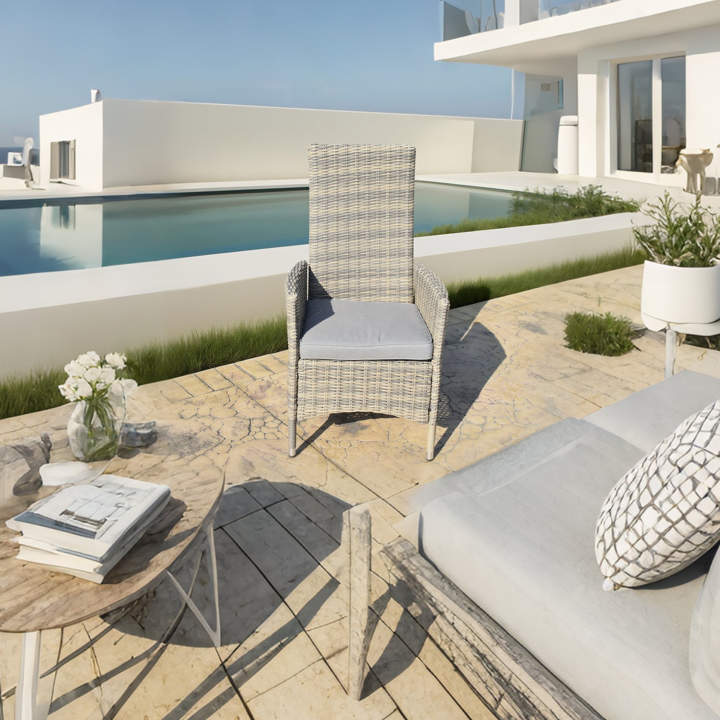 DTY2505 Light Grey Wicker Reclining Outdoor Lounge Chair with Grey Cushion – Mediterranean Villa Pool Patio Weather-Resistant Recliner