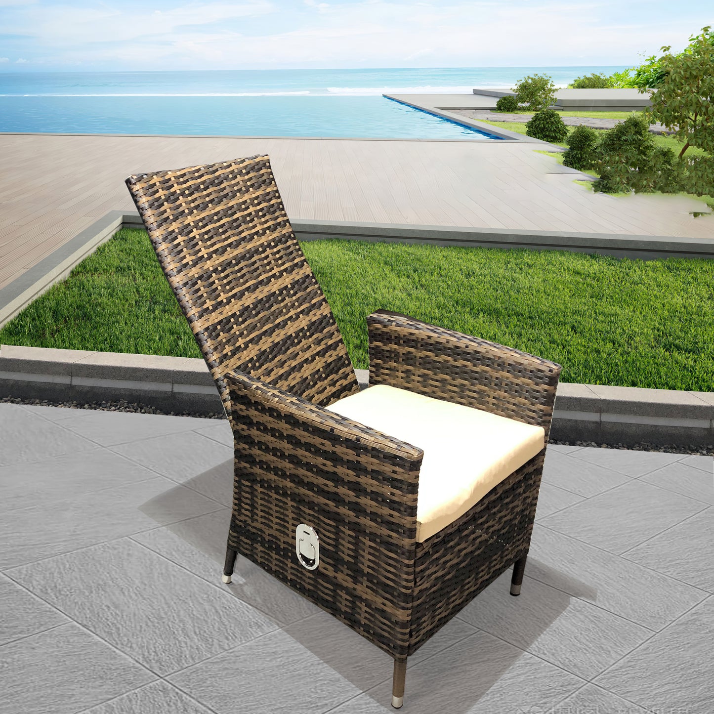 DTY250602 Brown & Black Wicker Reclining Lounge Chair with Beige Cushion – Luxury Indoor-Outdoor Adjustable Leisure Recliner
