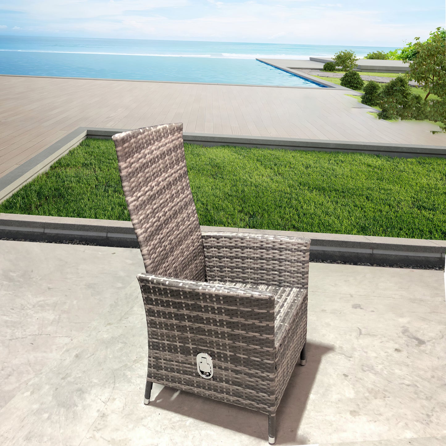 DTY250603 Grey-Brown Striped Wicker Adjustable High-Back Outdoor Lounge Chair with Grey Cushion – Garden Patio Weather-Resistant Reclining Leisure Chair