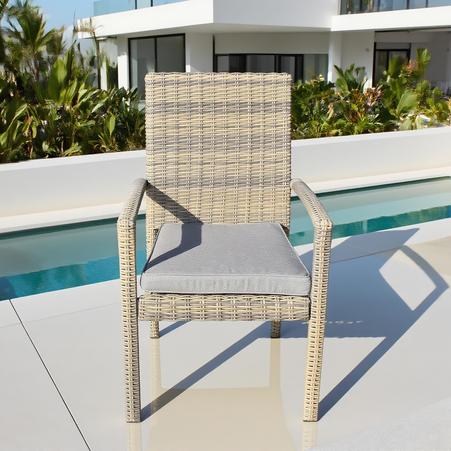 DTY2507 Beige-Grey Striped Wicker High-Back Outdoor Armchair with Grey Cushion – Modern Pool Patio Weather-Resistant Lounge Chair