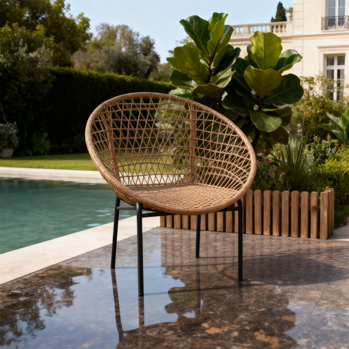 DTY251002 Natural Rattan Round Frame Outdoor Chair with Black Metal Legs – French Chateau Pool Patio Weather-Resistant Lounge Chair