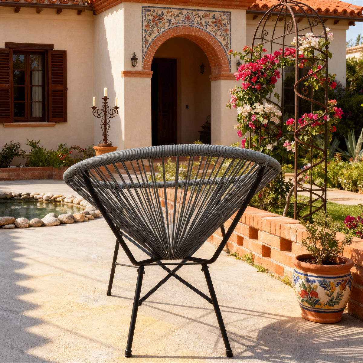 DTY2512 Dark Grey Radial Rope-Woven Round Frame Outdoor Chair with Black Metal Legs – Mexican-Style Courtyard Weather-Resistant Lounge Chair