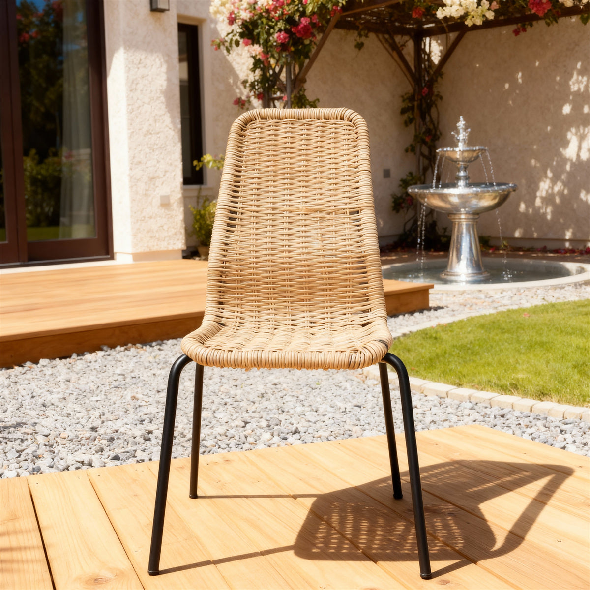 DTY2515 Natural Rattan Streamlined Frame Outdoor Chair with Black Metal Legs – California Palm Courtyard Weather-Resistant Lounge Chair