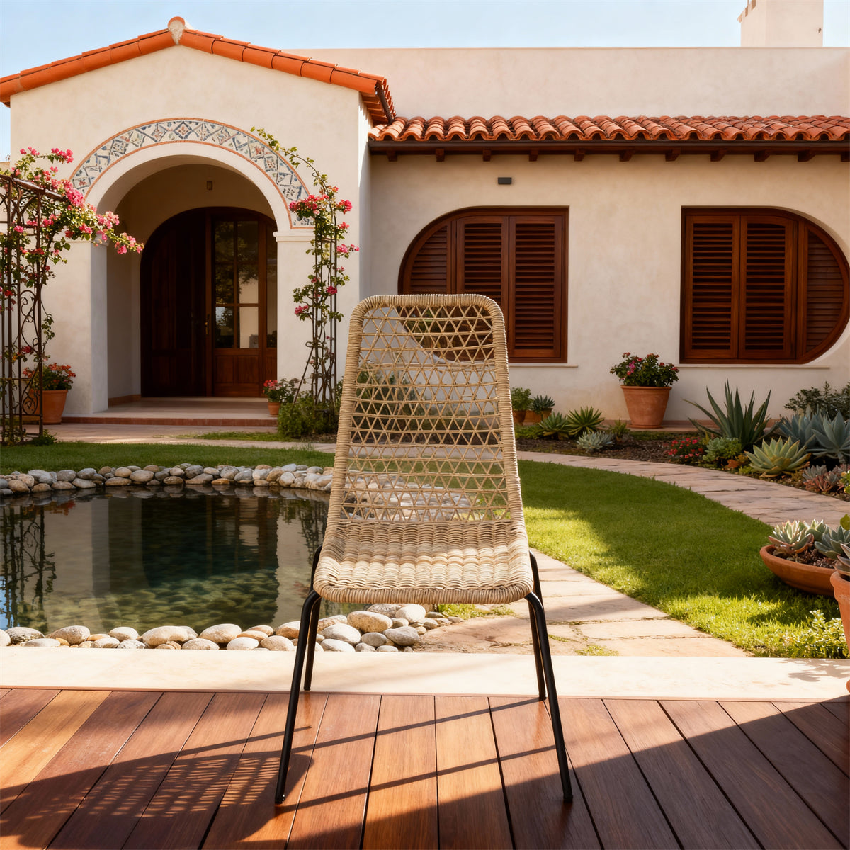 DTY2516 Beige Grid-Woven Rope Outdoor Chair with Black Metal Legs – Mexican Hacienda Courtyard Weather-Resistant Lounge Chair