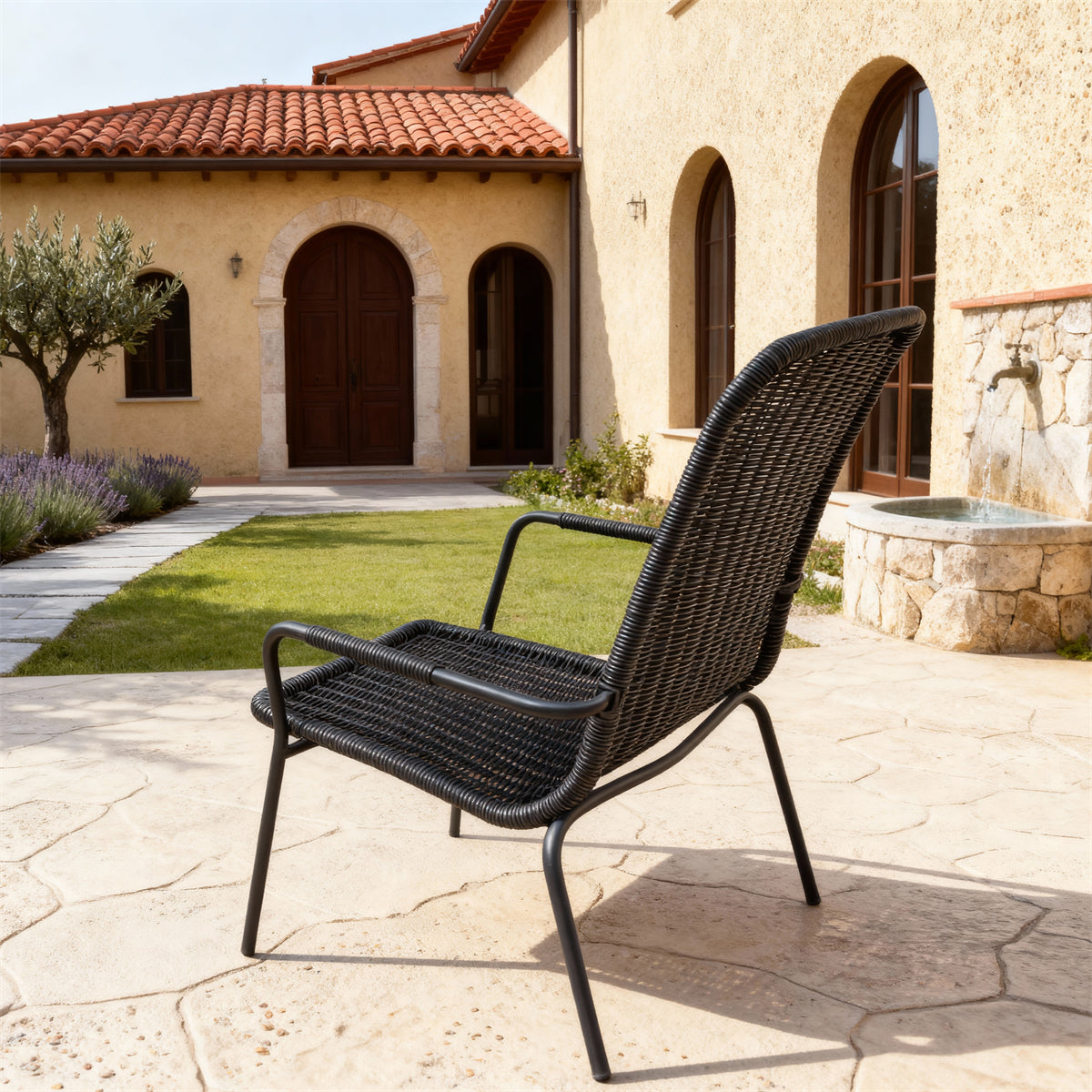 DTY251802 All-Black Wicker High-Back Outdoor Armchair with Black Metal Legs – Tuscan Villa Courtyard Weather-Resistant Lounge Chair