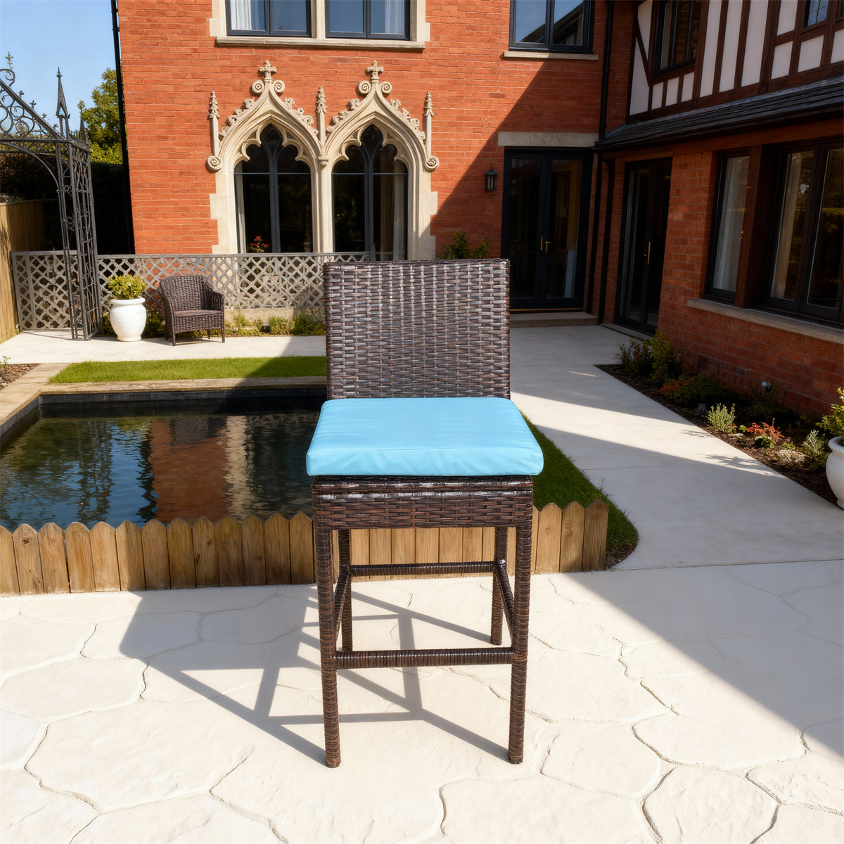 DTY2519 Brown Wicker Outdoor Bar Stool with Bright Blue Cushion – English Manor Courtyard Weather-Resistant High-Back Bar Chair