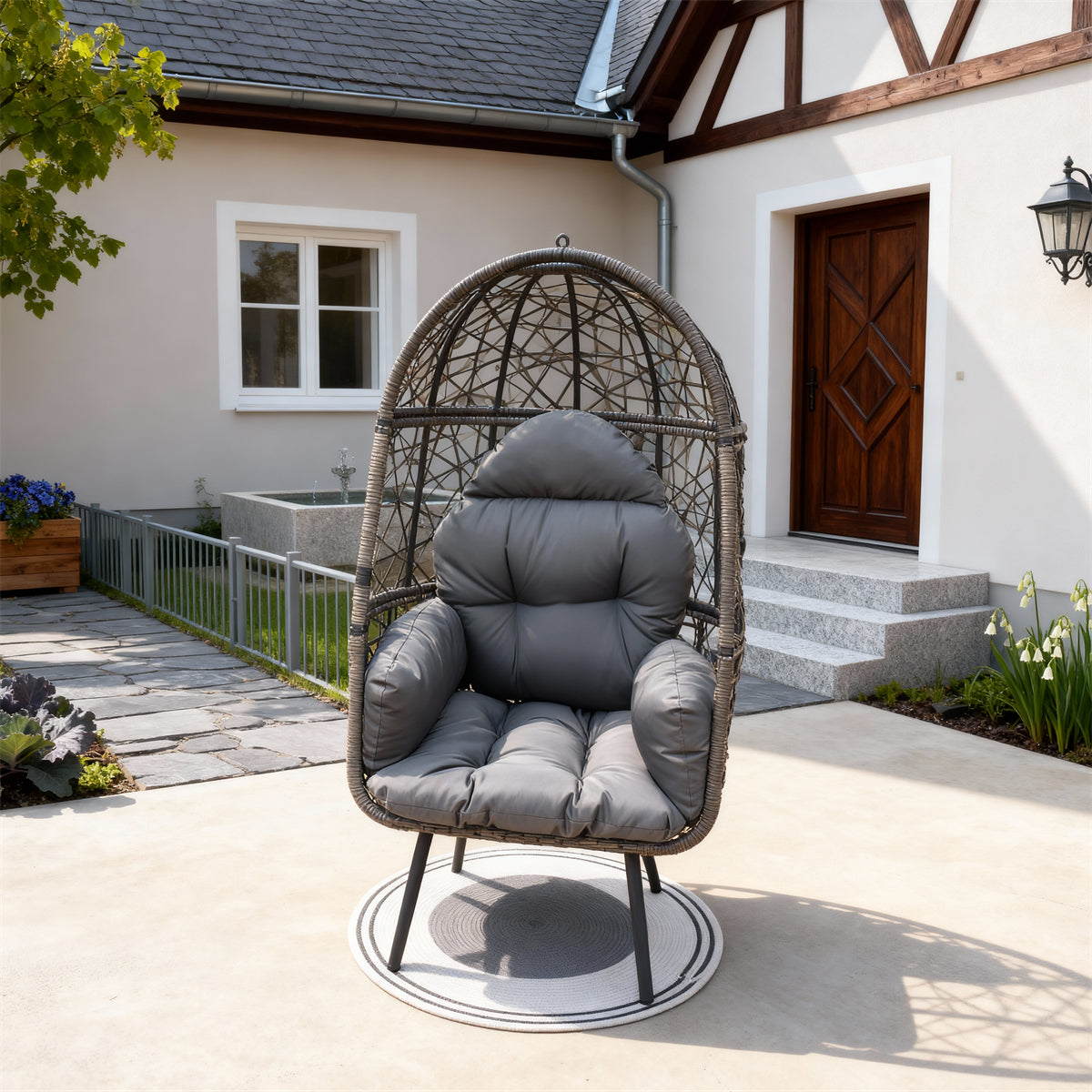 DTY2520 Grey-Brown Wicker Birdcage Lounge Chair with Thick Grey Cushion – Mexican Hacienda Pool Patio Weather-Resistant Chair
