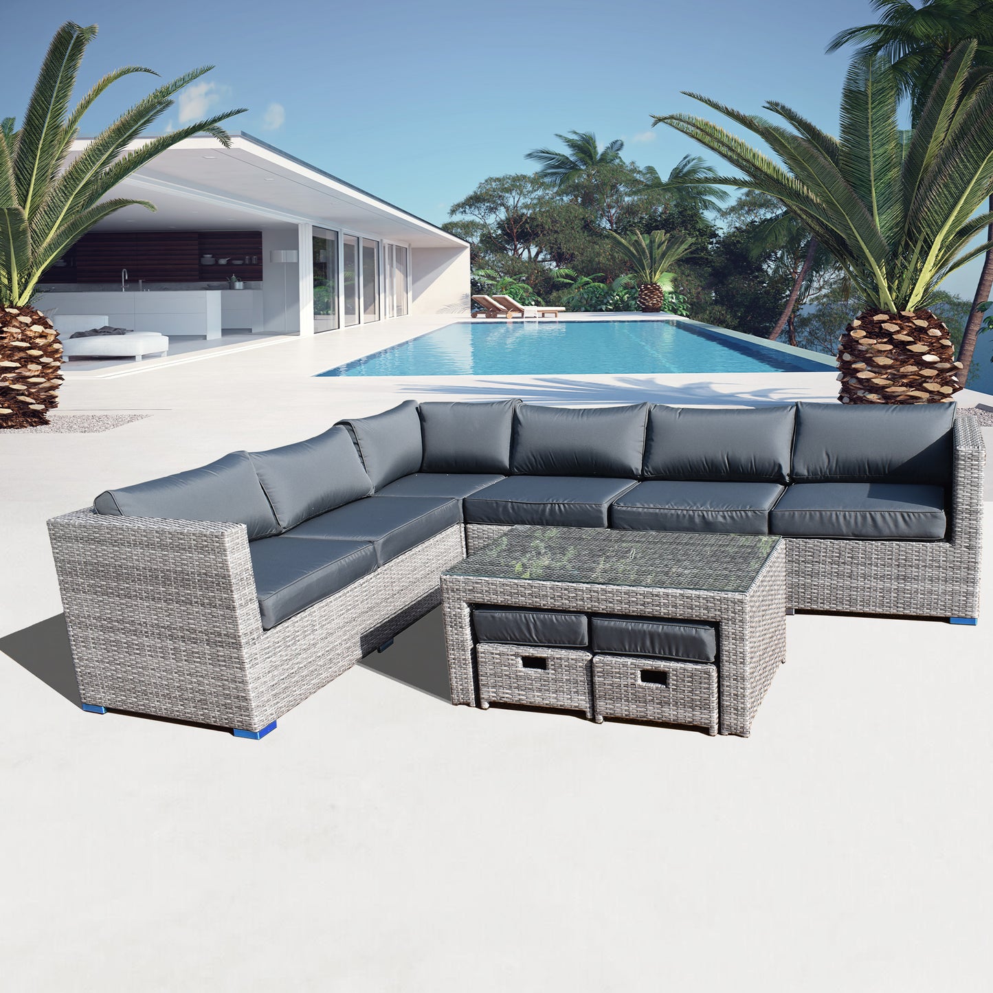 Wholesale(MOQ 50 Pieces) 9 Pieces Rattan Corner L-Shaped Sofa With 6-Seater Lounge Chairs Set & Two Ottomans Can Be Stored Under Coffee Table(Included)
