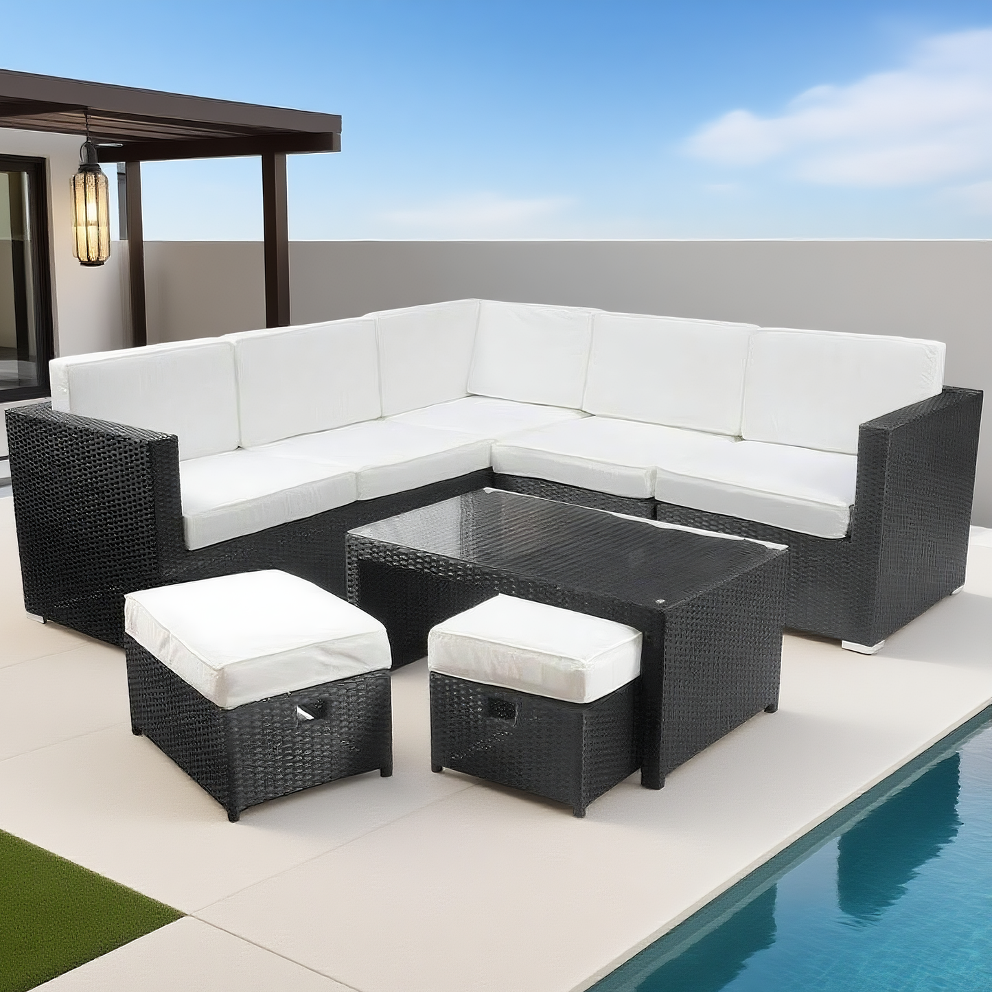 Black Wicker L - Shaped Outdoor Sectional Sofa Set with Storage Ottomans & Coffee Table