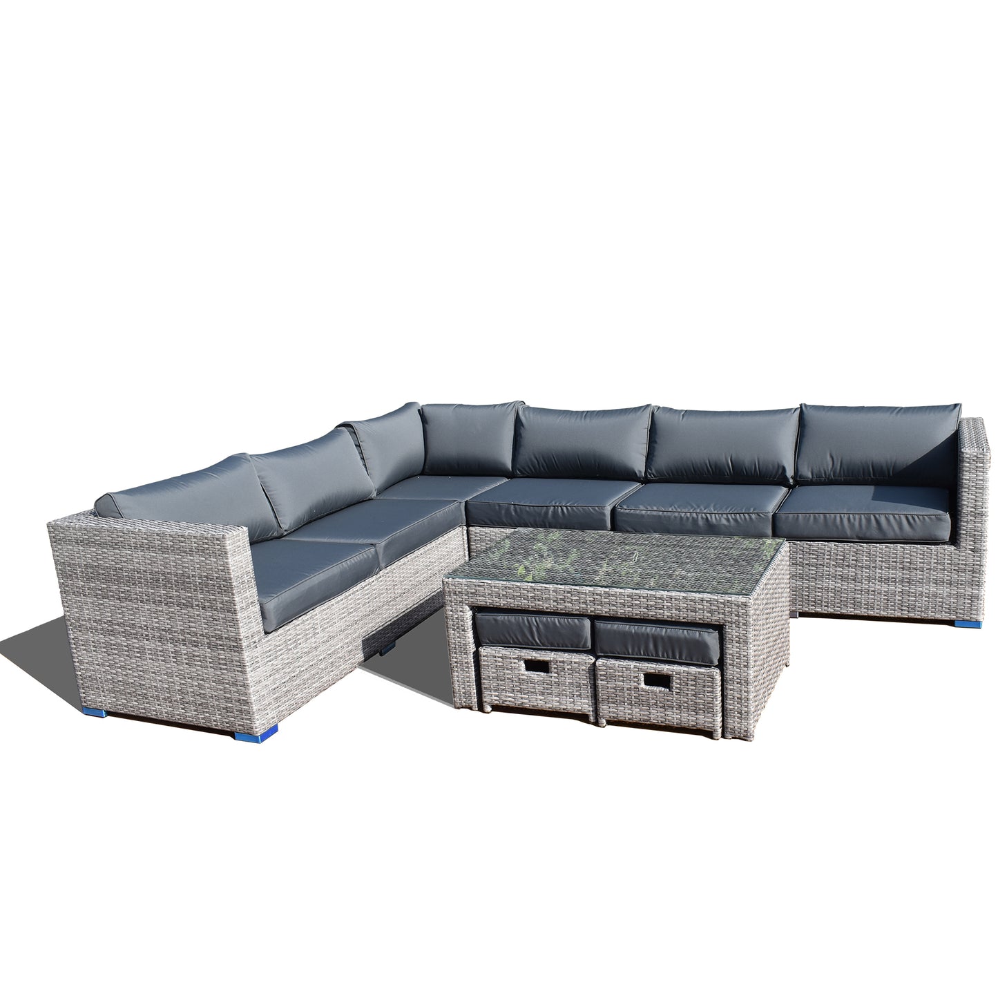 Wholesale(MOQ 50 Pieces) 9 Pieces Rattan Corner L-Shaped Sofa With 6-Seater Lounge Chairs Set & Two Ottomans Can Be Stored Under Coffee Table(Included)
