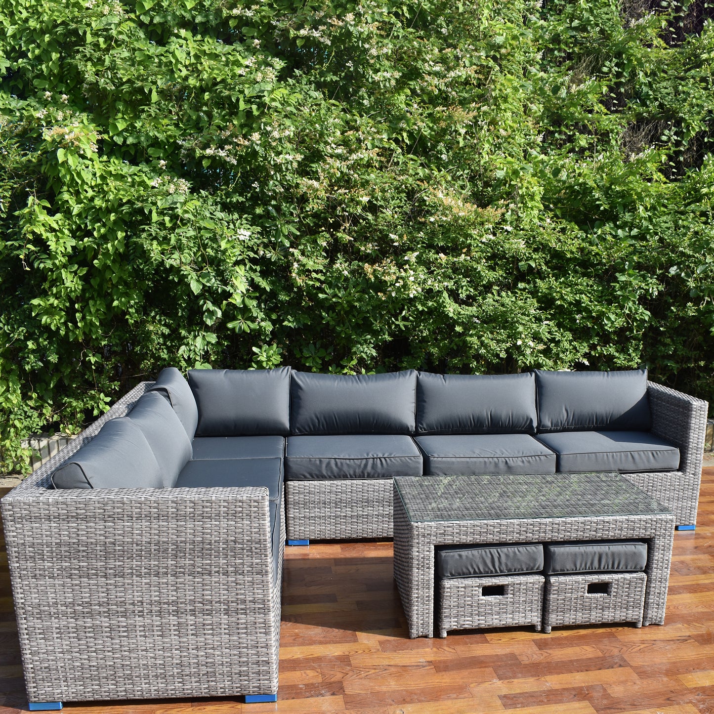 Wholesale(MOQ 50 Pieces) 9 Pieces Rattan Corner L-Shaped Sofa With 6-Seater Lounge Chairs Set & Two Ottomans Can Be Stored Under Coffee Table(Included)