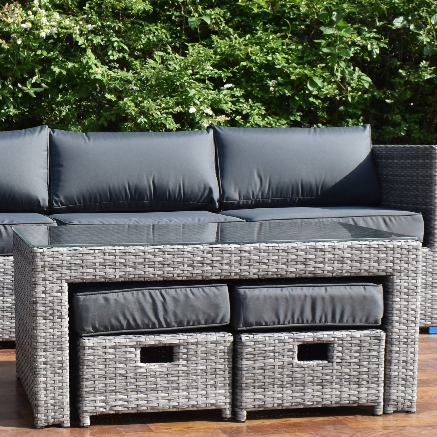 Wholesale(MOQ 50 Pieces) 9 Pieces Rattan Corner L-Shaped Sofa With 6-Seater Lounge Chairs Set & Two Ottomans Can Be Stored Under Coffee Table(Included)