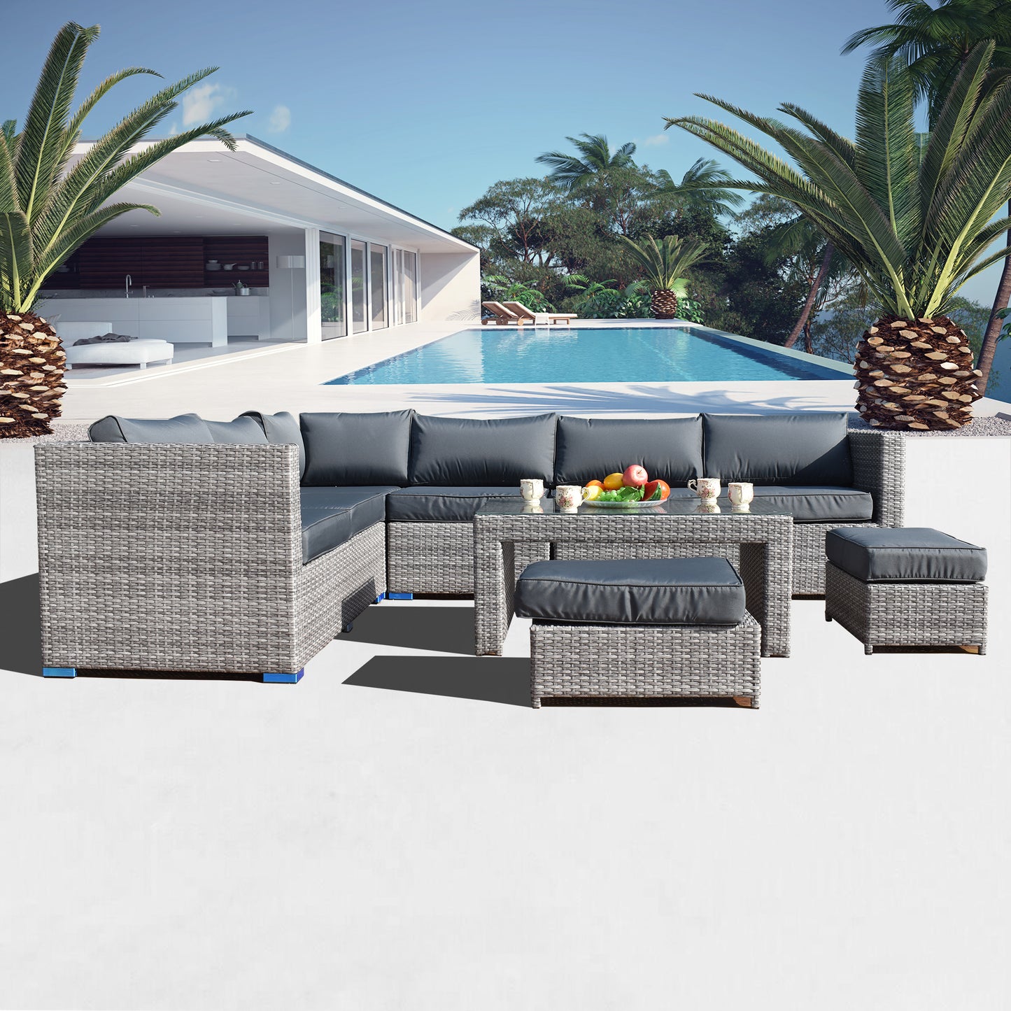 Wholesale(MOQ 50 Pieces) 9 Pieces Rattan Corner L-Shaped Sofa With 6-Seater Lounge Chairs Set & Two Ottomans Can Be Stored Under Coffee Table(Included)