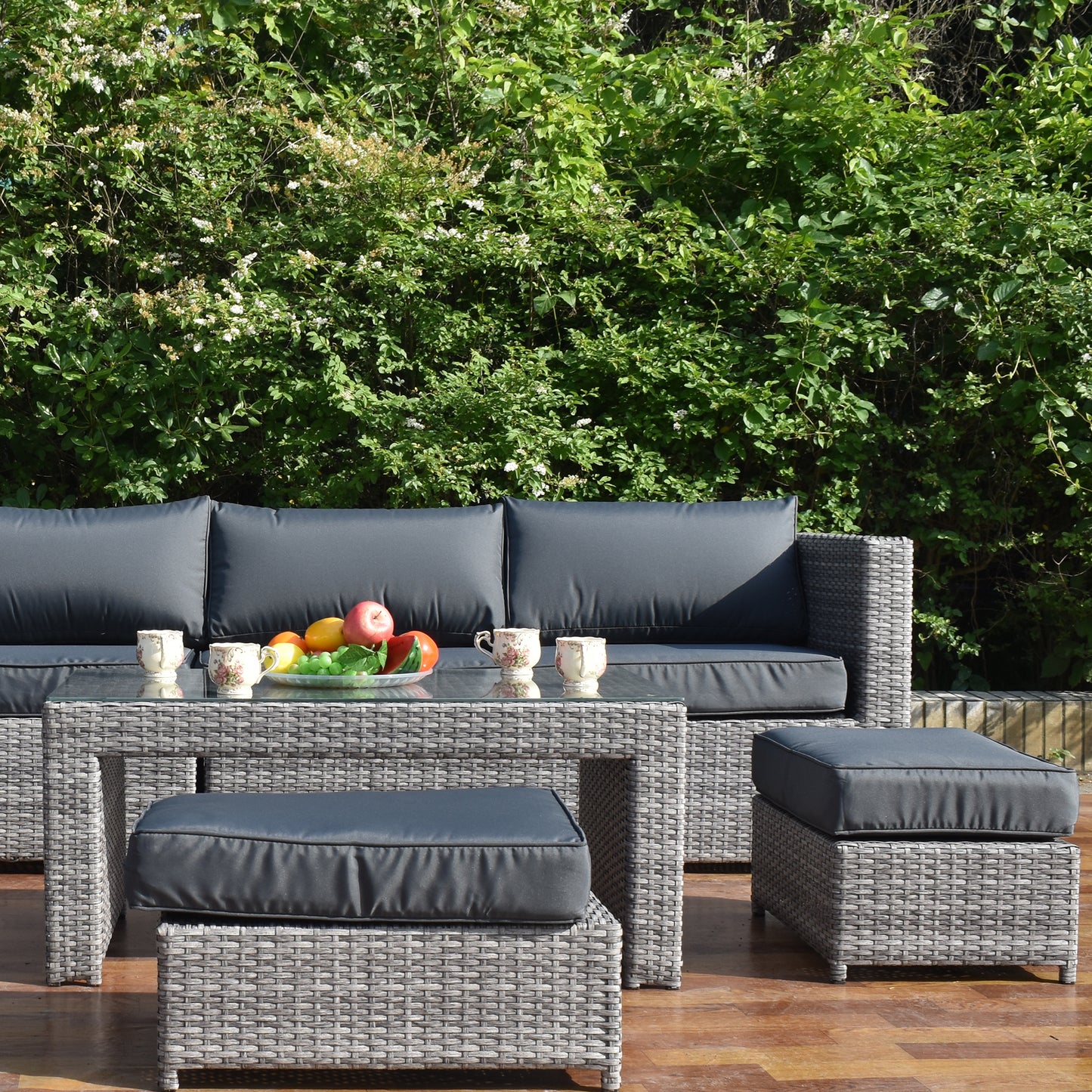 Wholesale(MOQ 50 Pieces) 9 Pieces Rattan Corner L-Shaped Sofa With 6-Seater Lounge Chairs Set & Two Ottomans Can Be Stored Under Coffee Table(Included)