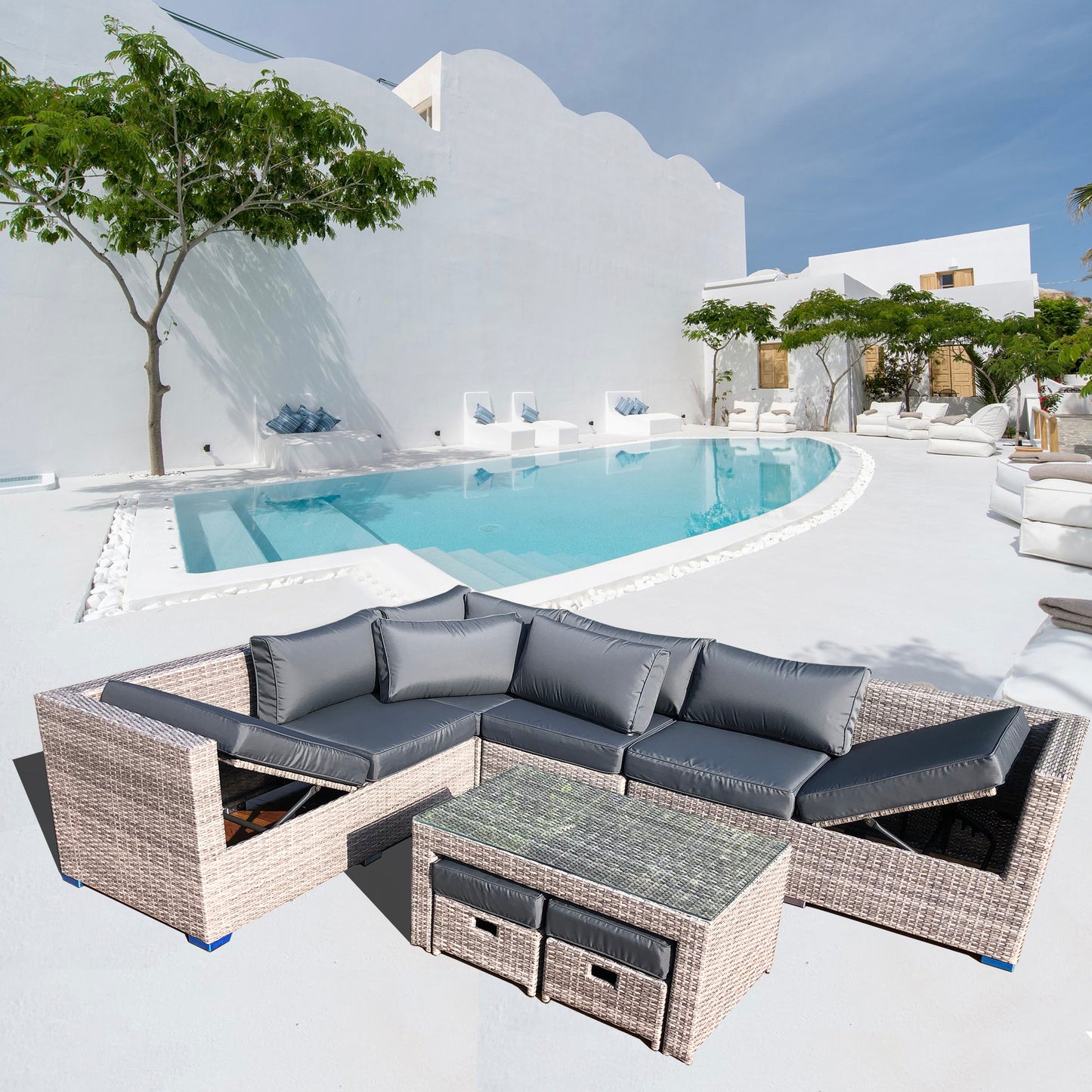 Wholesale(MOQ 50 Pieces) 9 Pieces Rattan Corner L-Shaped Sofa With 6-Seater Lounge Chairs Set & Two Ottomans Can Be Stored Under Coffee Table(Included)