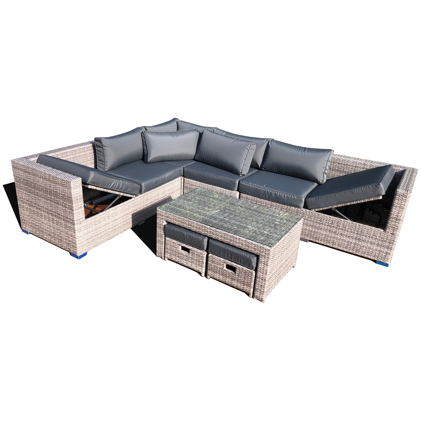 Wholesale(MOQ 50 Pieces) 9 Pieces Rattan Corner L-Shaped Sofa With 6-Seater Lounge Chairs Set & Two Ottomans Can Be Stored Under Coffee Table(Included)