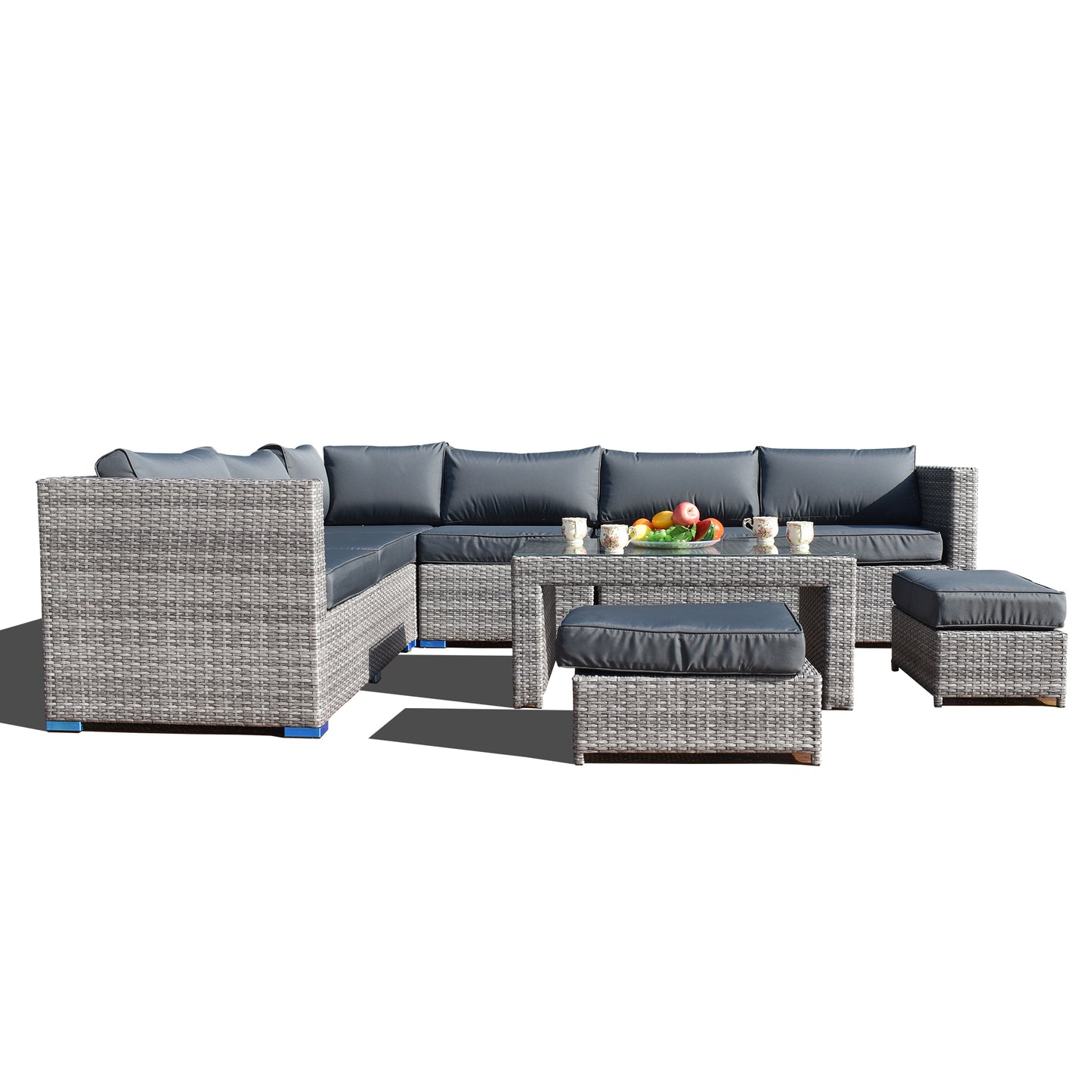Wholesale(MOQ 50 Pieces) 9 Pieces Rattan Corner L-Shaped Sofa With 6-Seater Lounge Chairs Set & Two Ottomans Can Be Stored Under Coffee Table(Included)