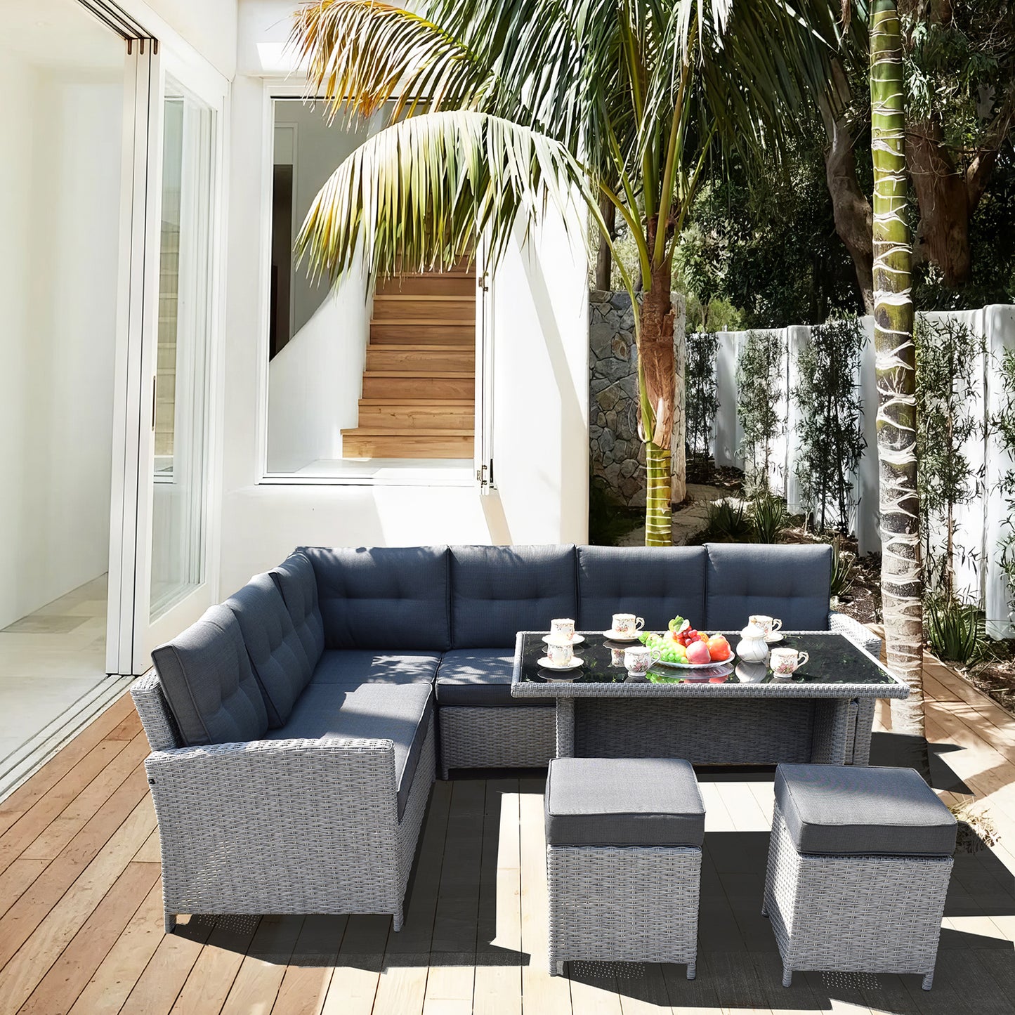 6-Seater 9 Pieces Set Modular L-Shaped Rattan Corner Conversation Sofa Set Chairs Set With Dining Table & Two Ottomans(Stools)