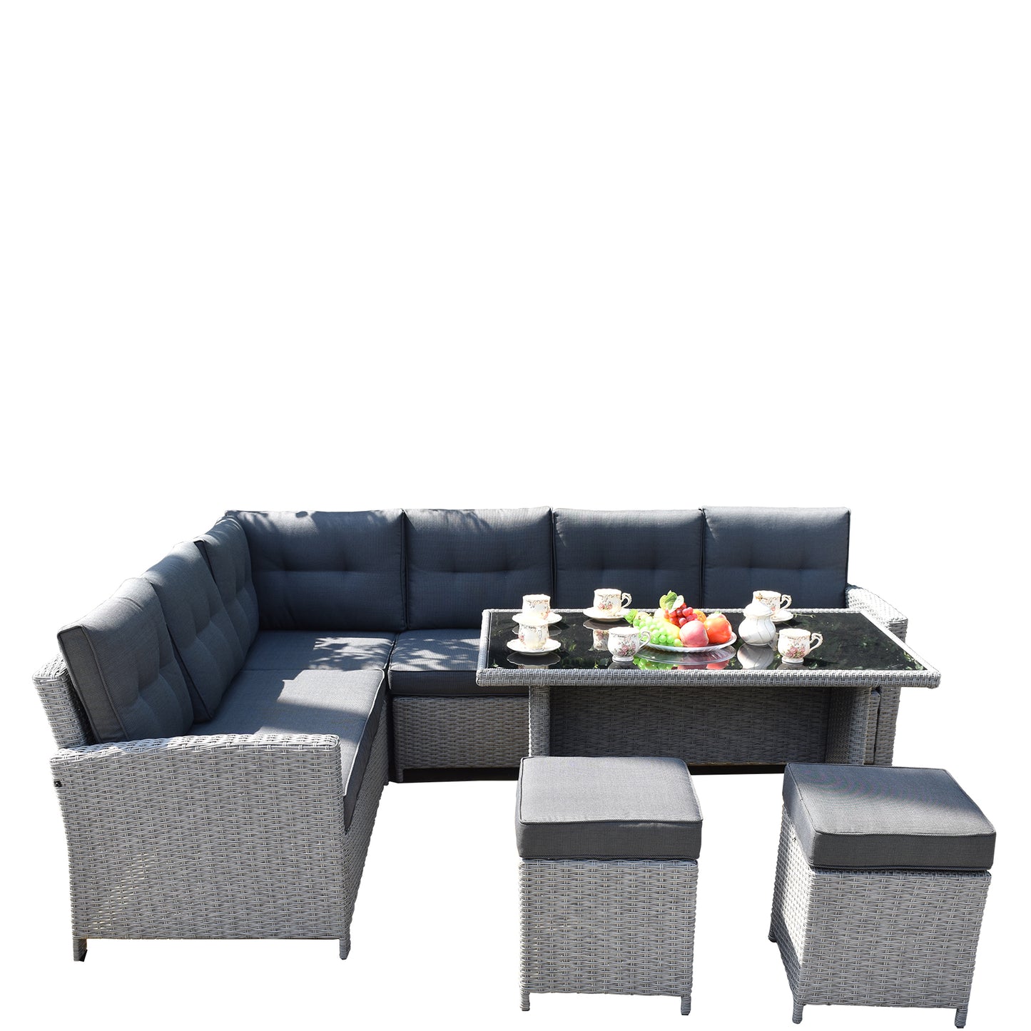 6-Seater 9 Pieces Set Modular L-Shaped Rattan Corner Conversation Sofa Set Chairs Set With Dining Table & Two Ottomans(Stools)