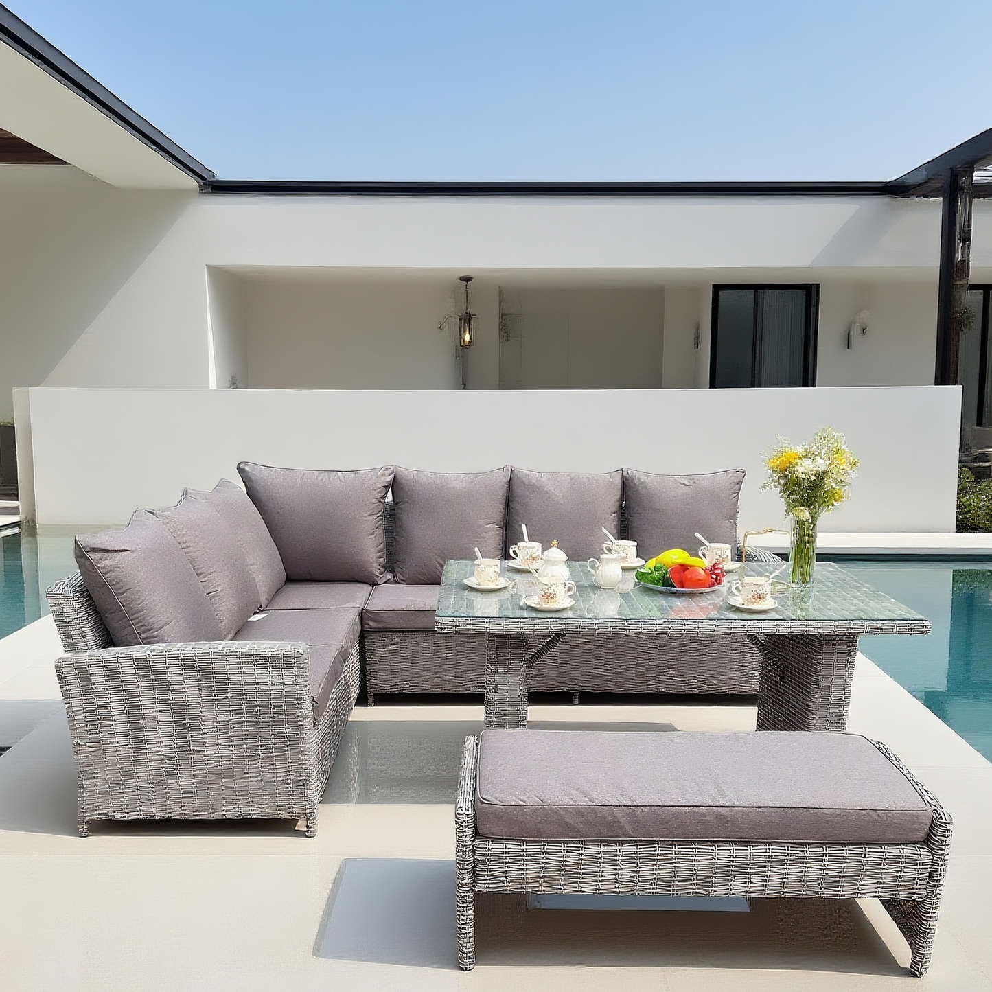Light Grey Wicker L - Shaped Outdoor Sectional Sofa Set with Glass Dining Table & Ottoman