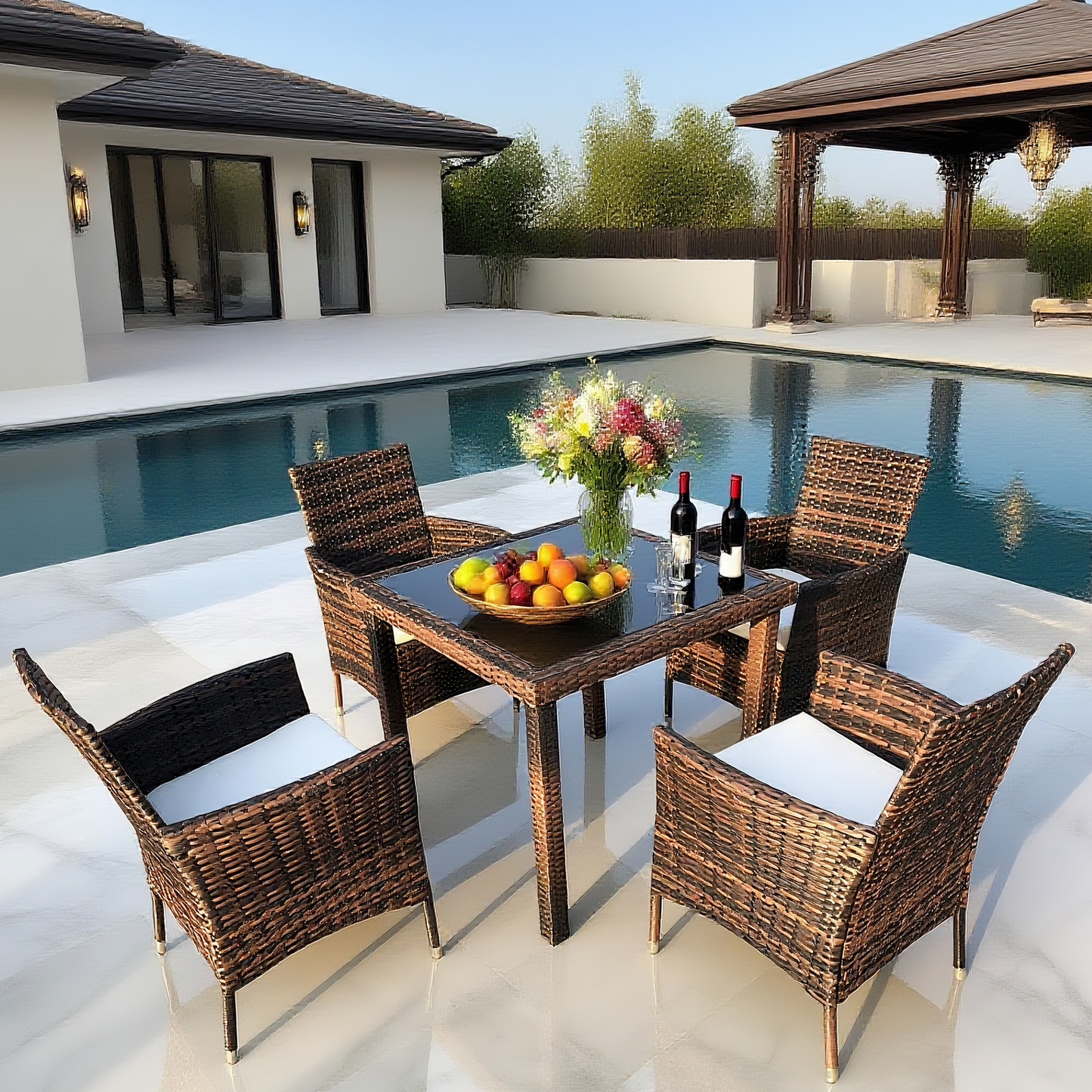 TBDS2506 Dark Brown Wicker Modern Luxury Outdoor Dining Set with Cream Cushions & Black Glass Square Dining Table – Stylish Patio Furniture