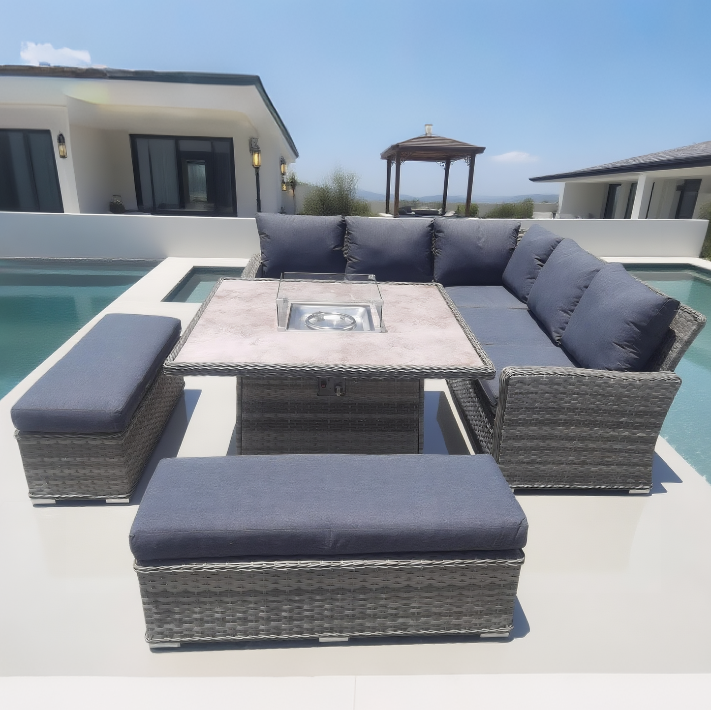 Grey Wicker Outdoor Sectional Set with Gas Fire Pit Table & Ottomans – Stylish Patio Fire Lounge Furniture
