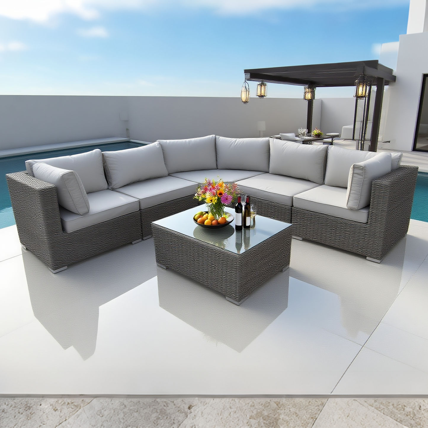 Grey Wicker L - Shaped Outdoor Sectional Sofa Set with Glass Coffee Table – Stylish Patio Lounge Furniture