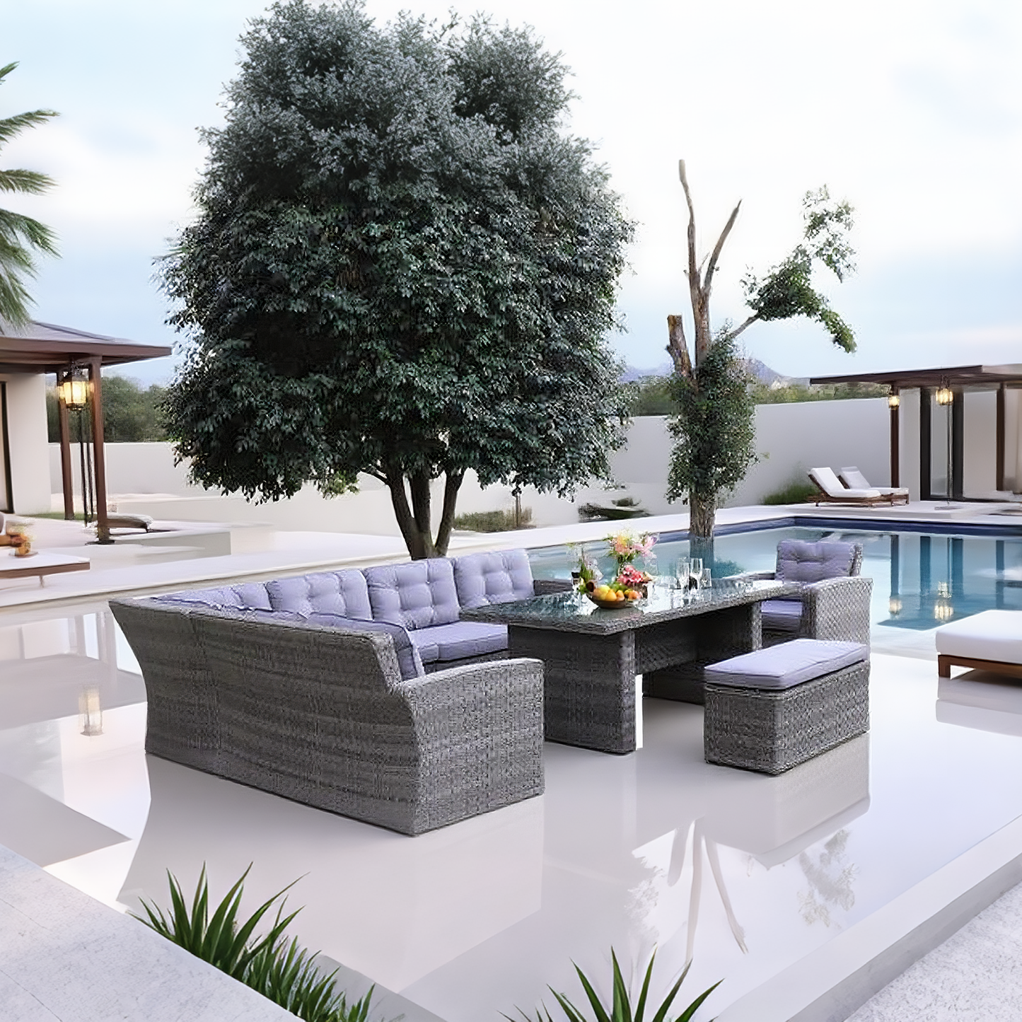 Light Grey Wicker L - Shaped Outdoor Dining & Lounge Set with Glass Dining Table, Ottomans & Armchair – Stylish Patio Furniture