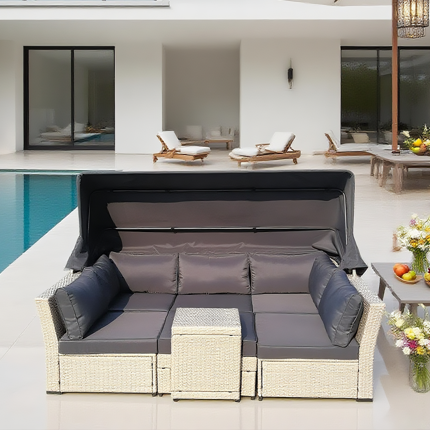 Light Grey Wicker L - Shaped Outdoor Sectional with Canopy, Ottoman & Side Table – Stylish Patio Lounge Furniture