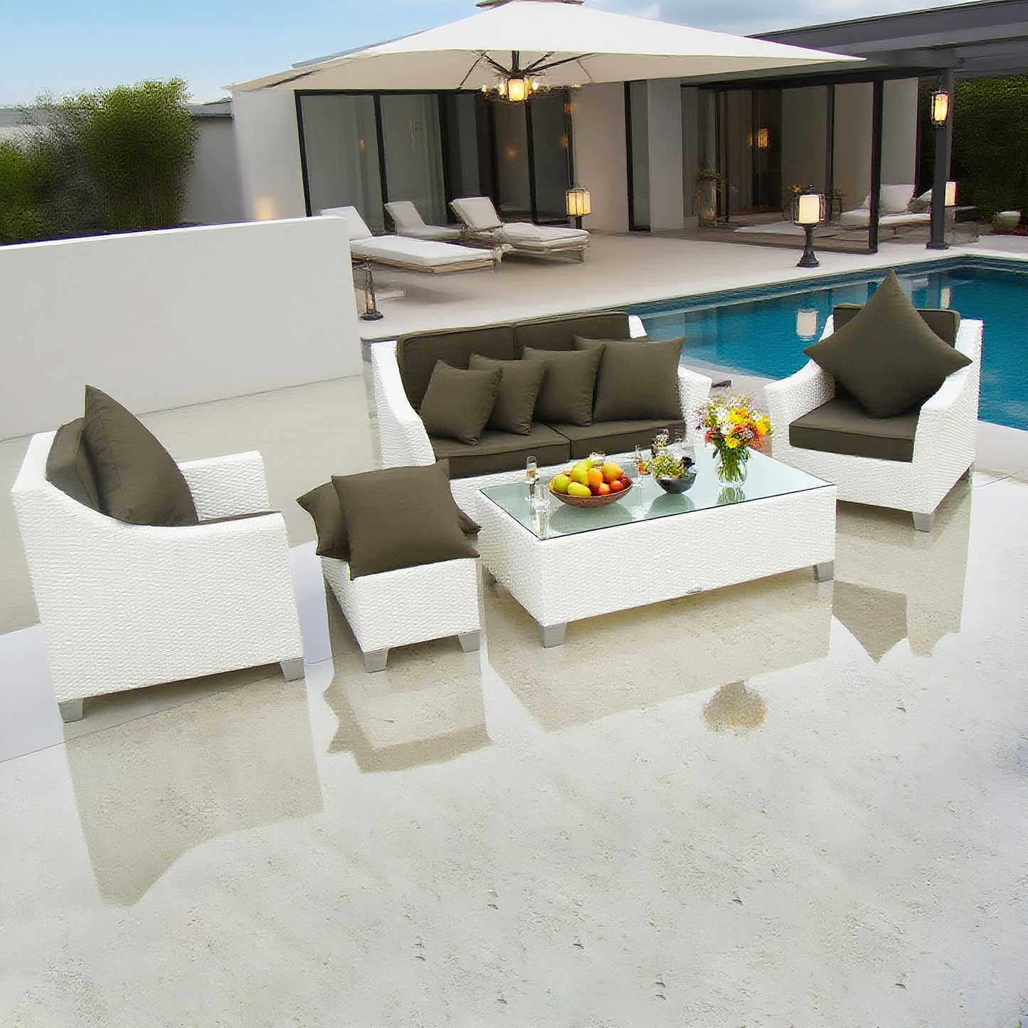 Brown Wicker Outdoor Lounge Set with Glass Coffee Table – Stylish Patio Conversation Furniture